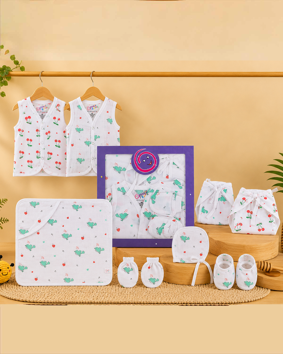 Infant newborn essential layette combo kit including front open vests cloth nappies ruffled bonnet blanket mittens and booties