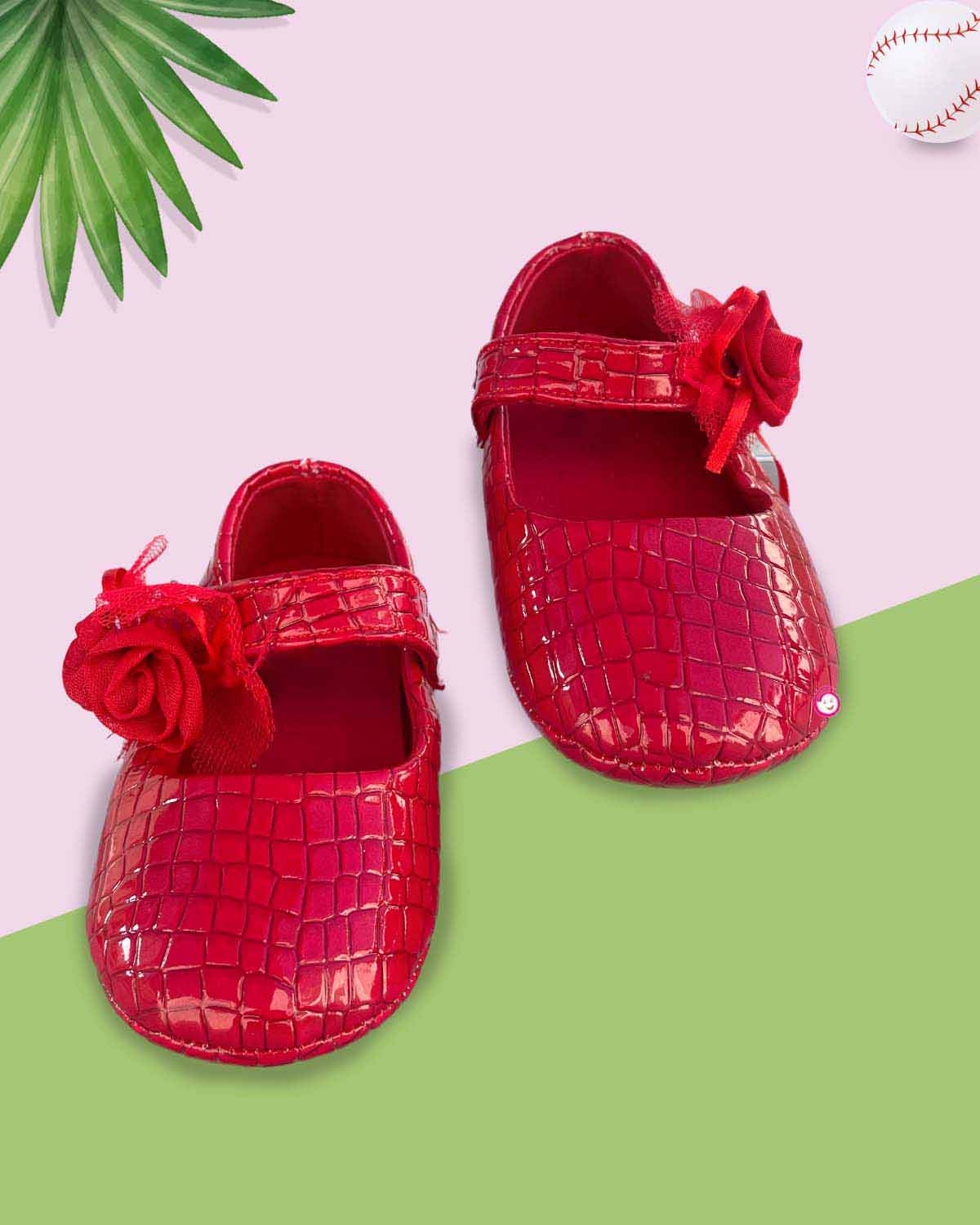 Girls Flower applique Velcro closure party shoes - Red
