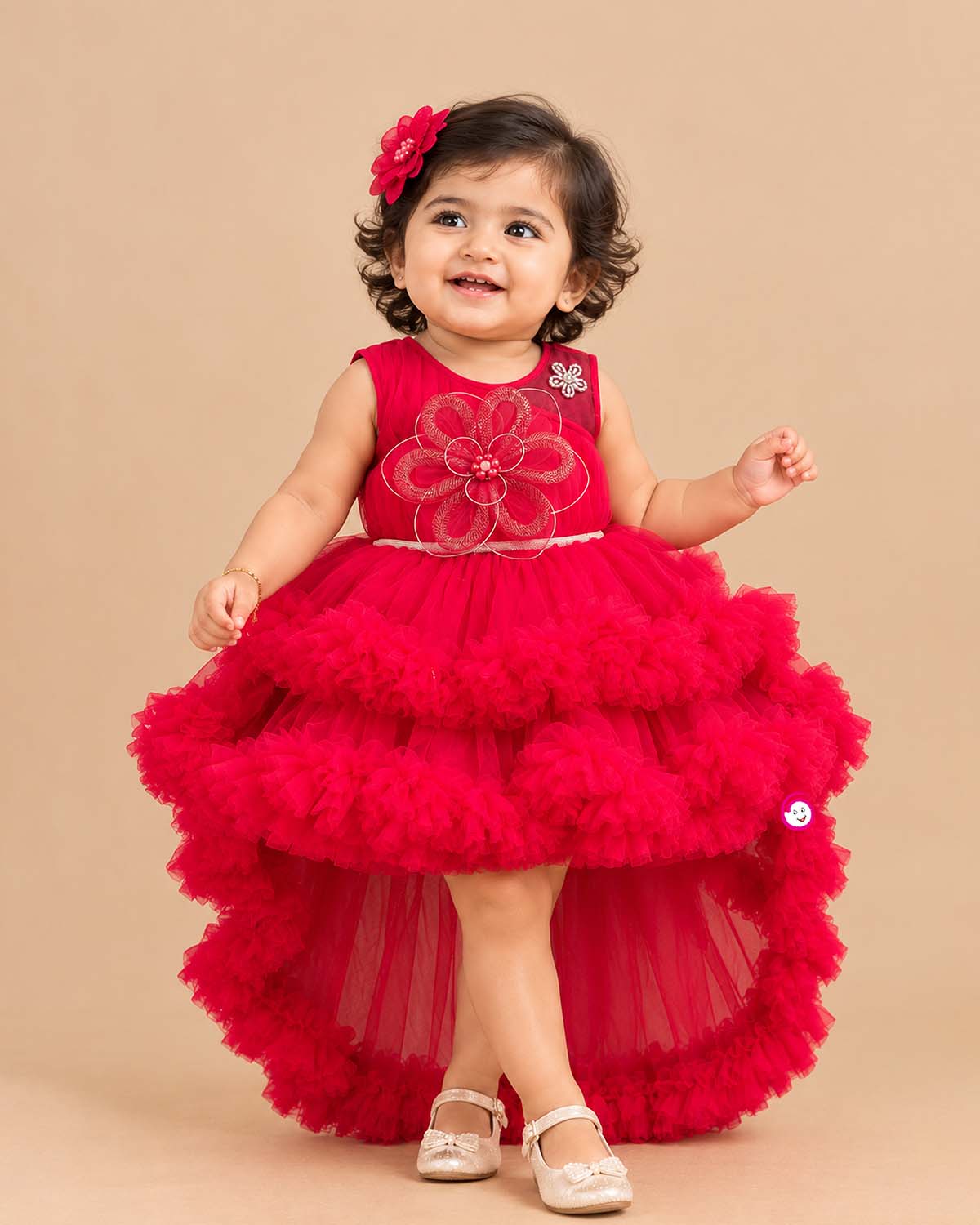Sleeveless net ruffle baby party wear dress with high-low hemline and floral chest applique.