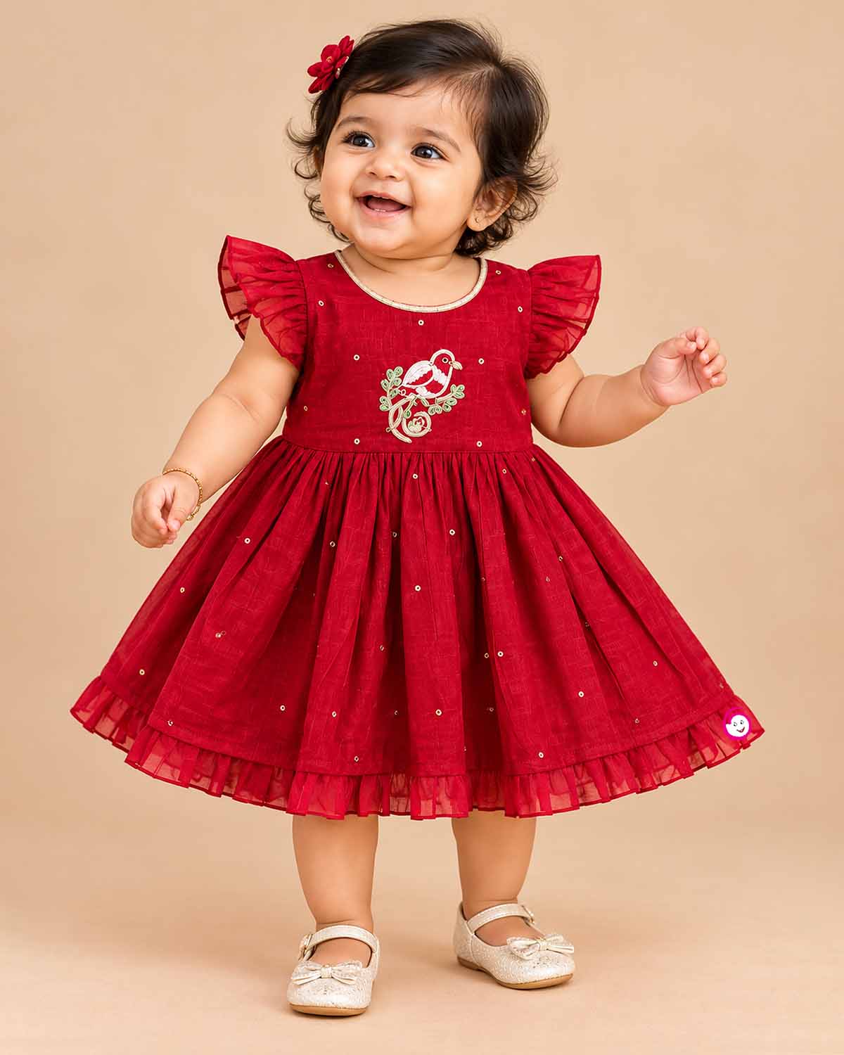 Embroidered silk frocks for baby girl featuring frill sleeve and bird motif