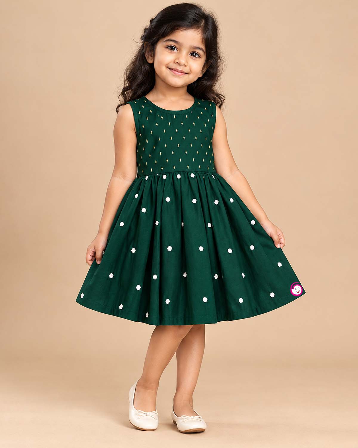 Sleeveless pattu frock with woven yoke detail and pleated floral flare for baby girls.