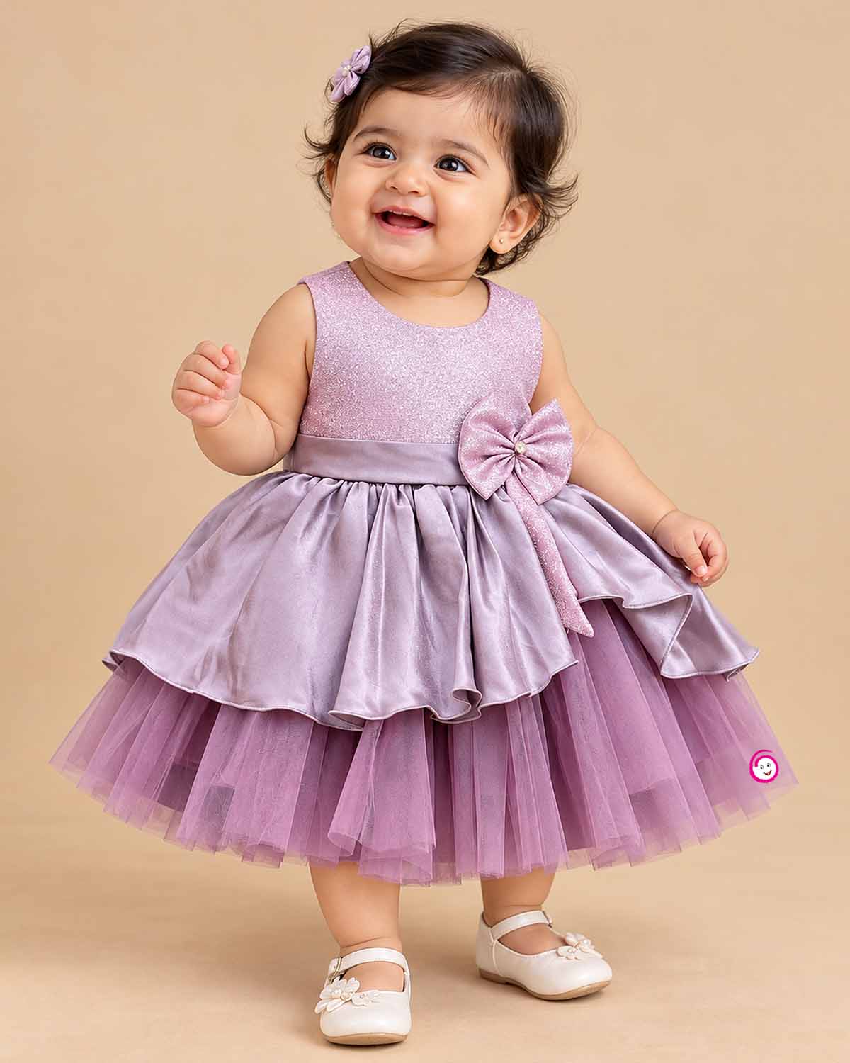 Sleeveless gathered tulle party frock with glitter bodice and side waist bow for toddler girls