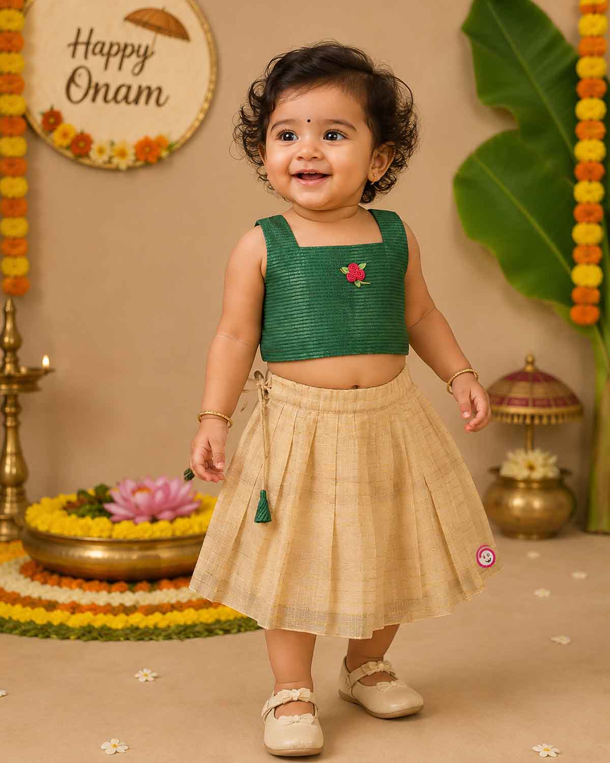 Young fashionista wearing traditional festive two-piece set featuring ribbon rose detail and pleated zari striped skirt.