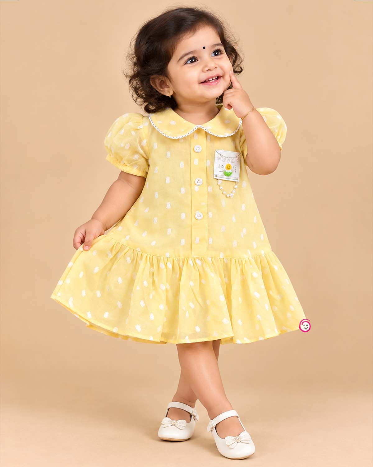 toddler girl casual cotton frock with peter pan collar and puff sleeves