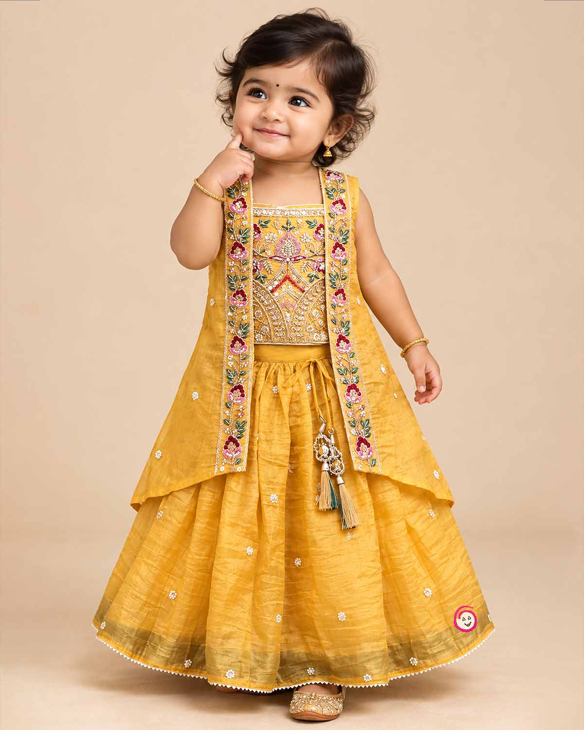 Kids silk embroidered sleeveless choli top matching jacket and pleated flared lehenga skirt set