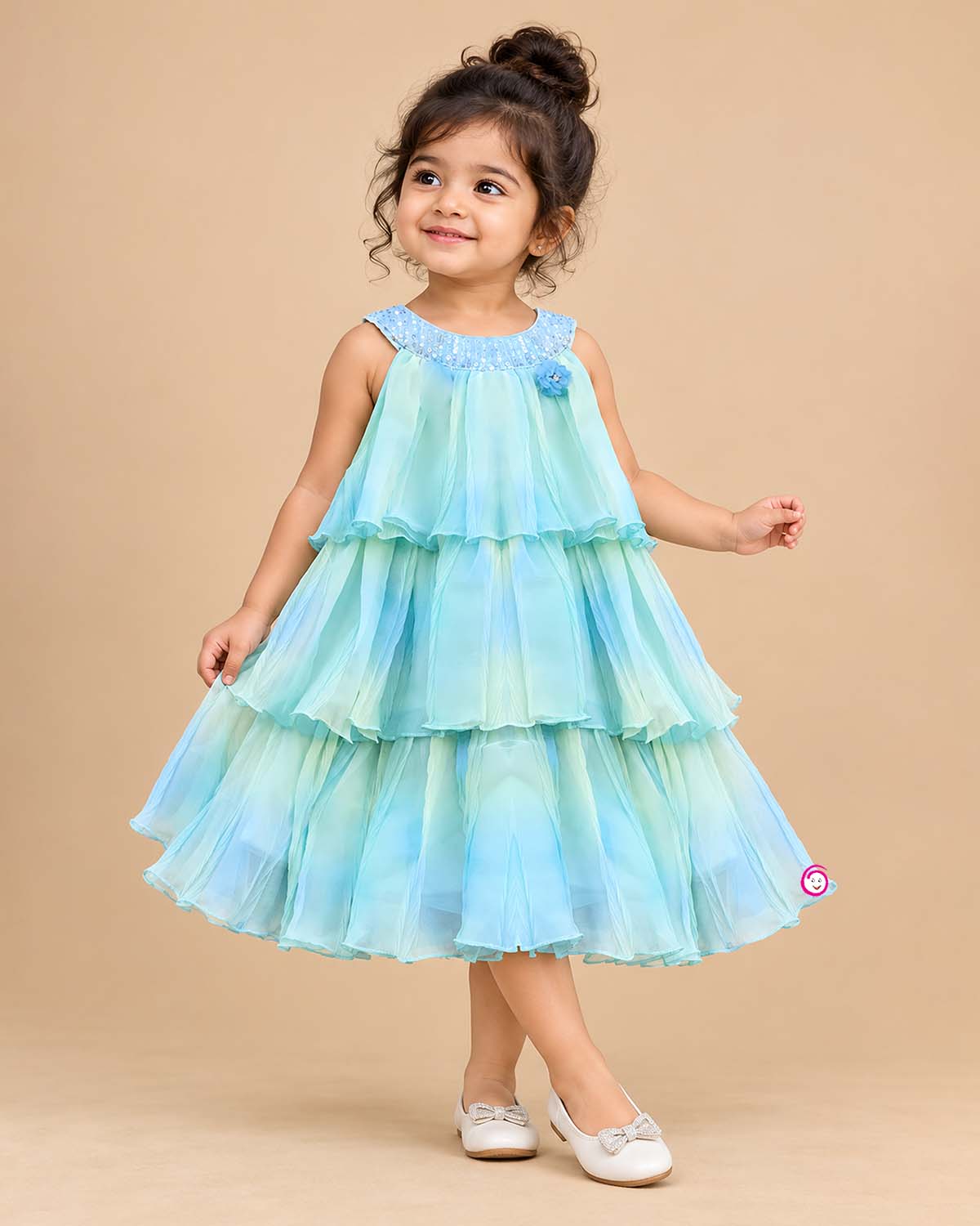 Girls sleeveless tiered chiffon midi party dress with sequin embellished scoop neckline and ruffled layers.