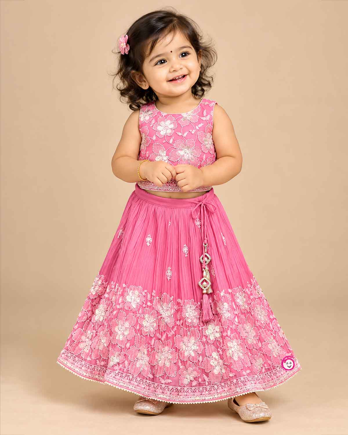 Lehenga choli for kids featuring sequined floral embroidery and a pleated flared skirt.