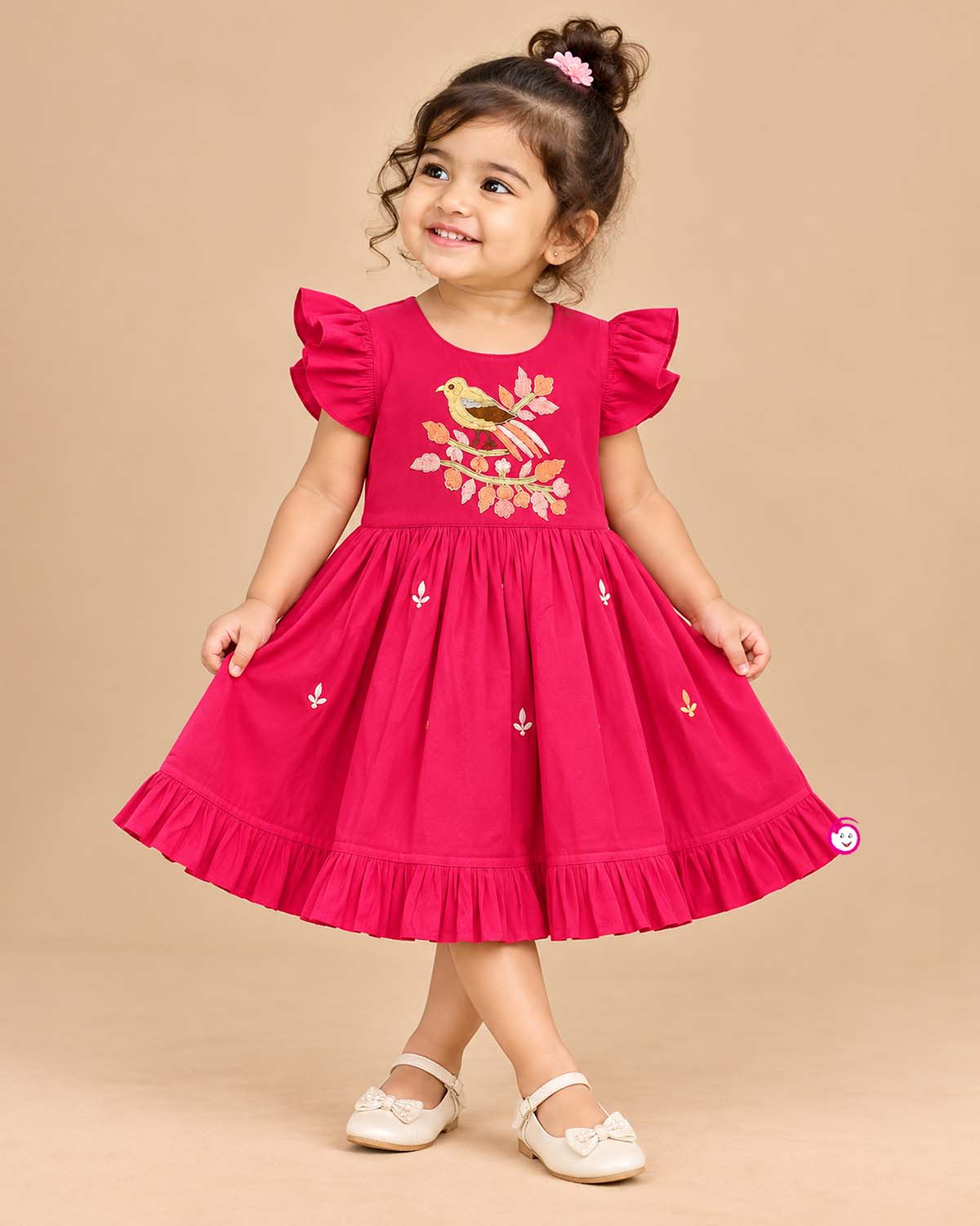 Baby girl floral silk cotton frock with bird motif embroidery for ethnic festive wear