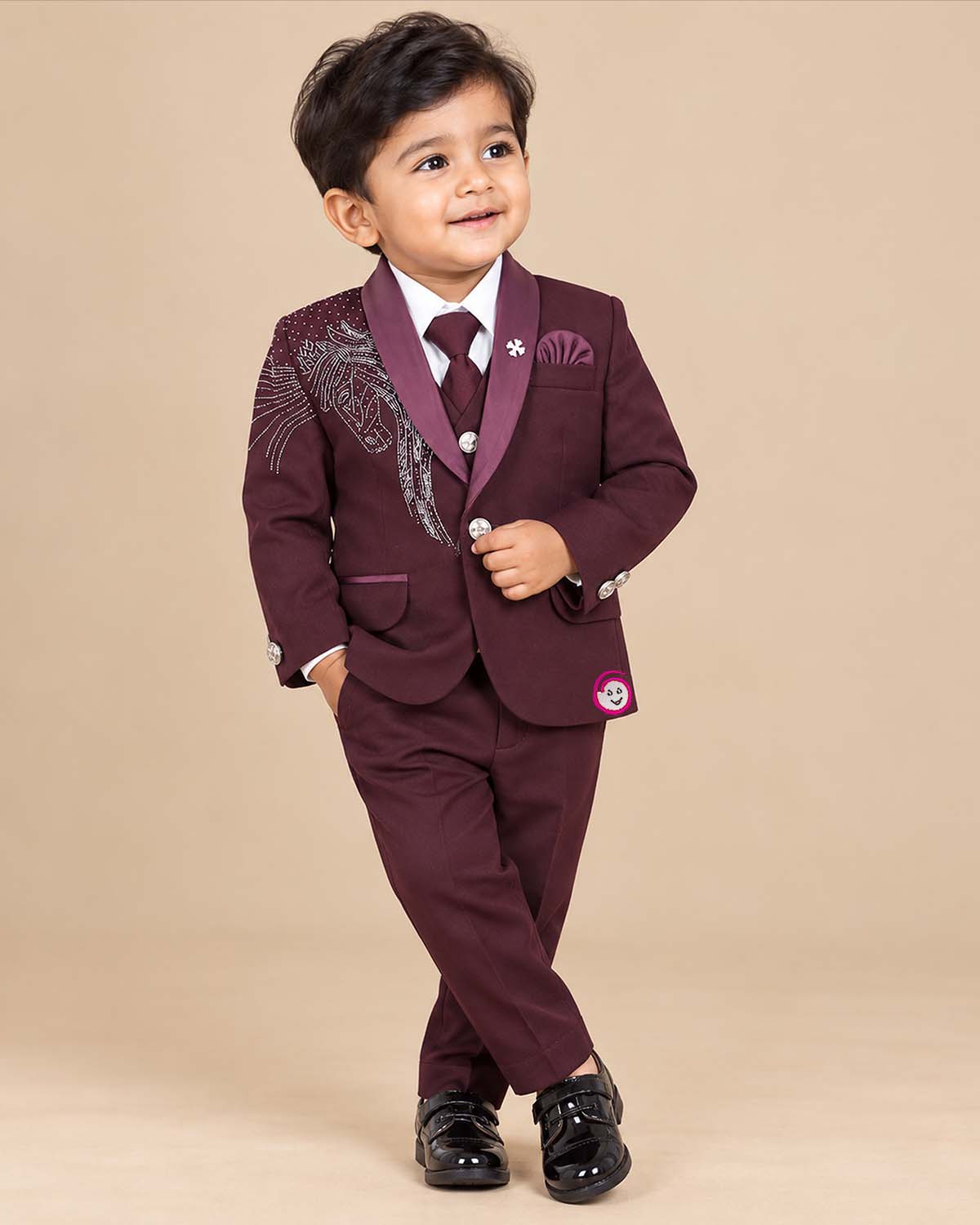 Little gentleman embroidered tuxedo suit set featuring blazer waistcoat bow and tie for wedding party