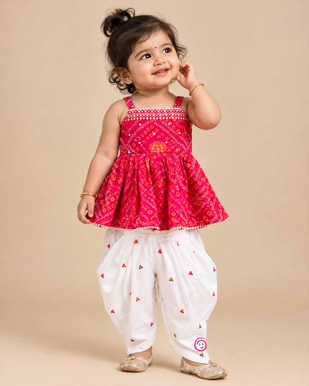 Girl baby traditional bandhani printed kurti sleeveless top embroidered patiala salwar set