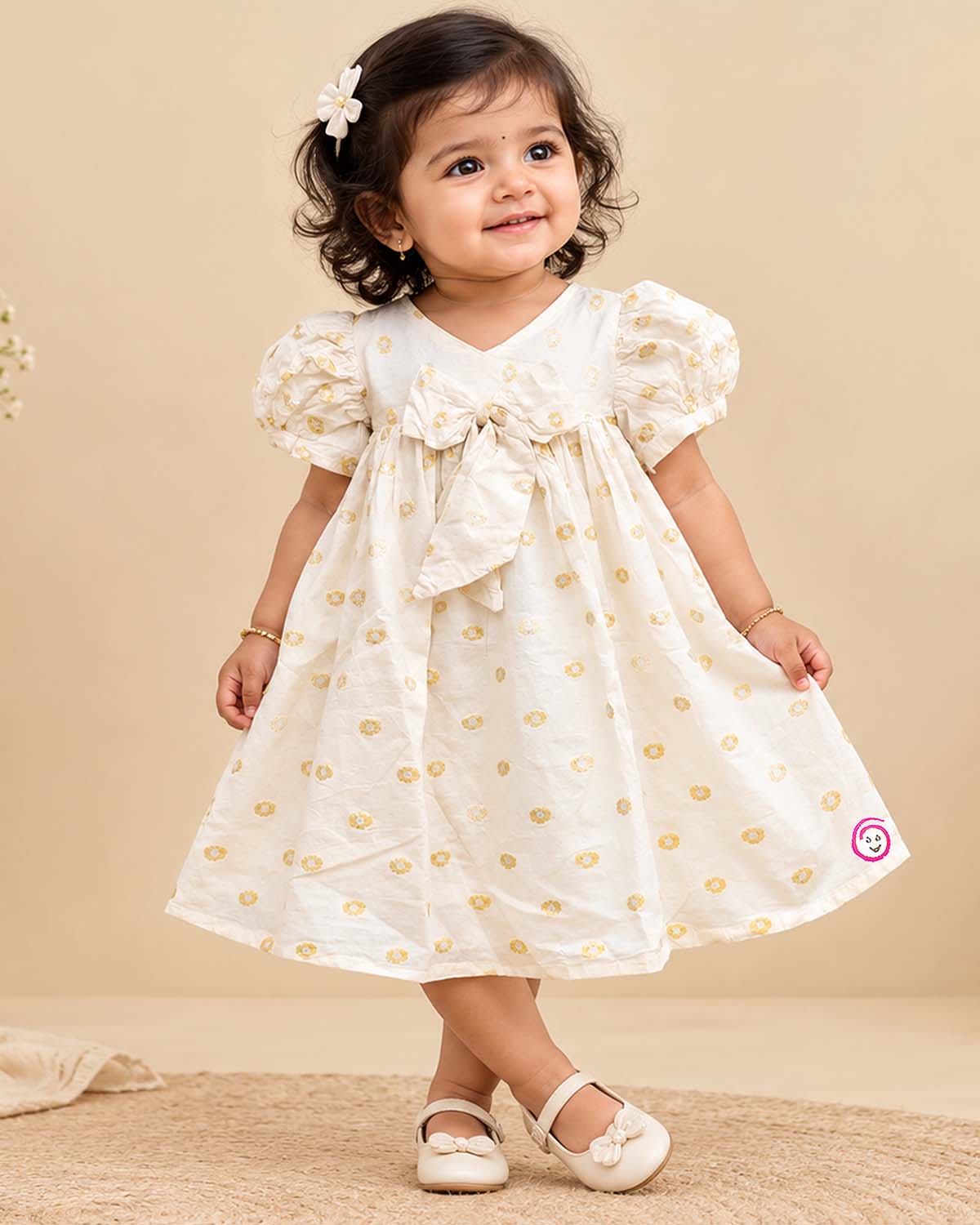 Little princess jacquard frock with front bow accent puff sleeves and woven circular motif detail