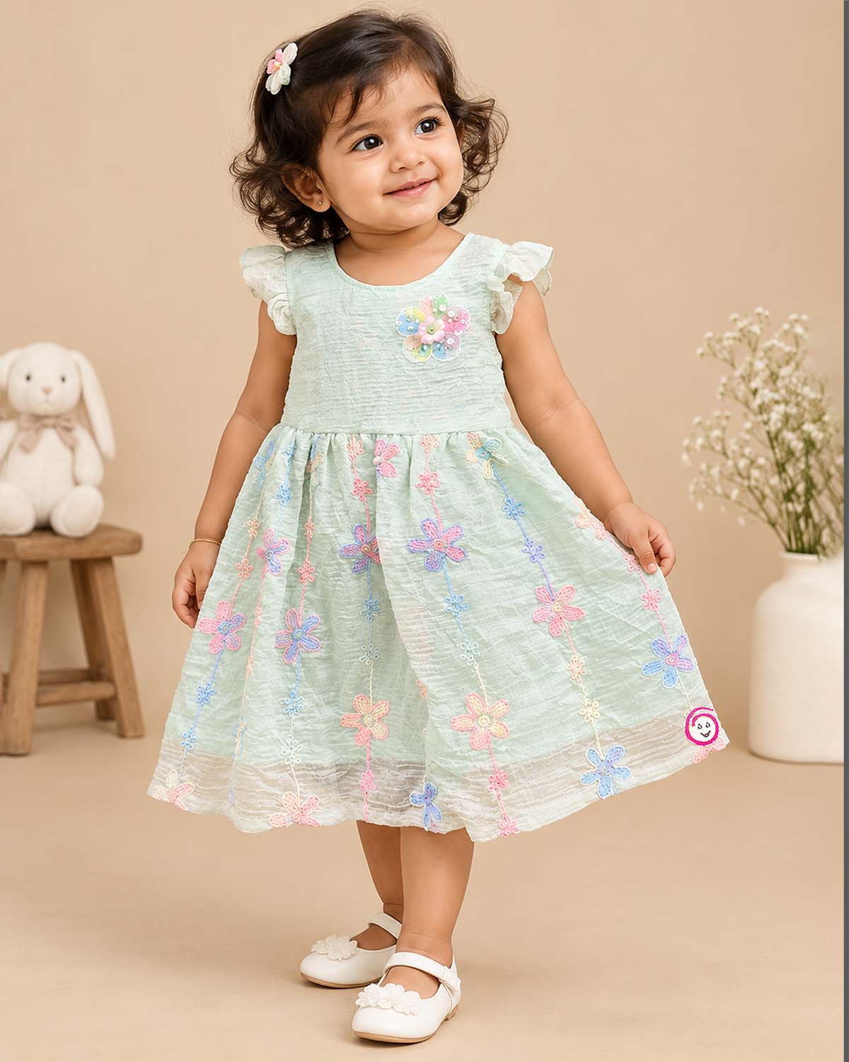 Baby girl floral embroidered cap sleeve party frock for birthday celebrations and garden events