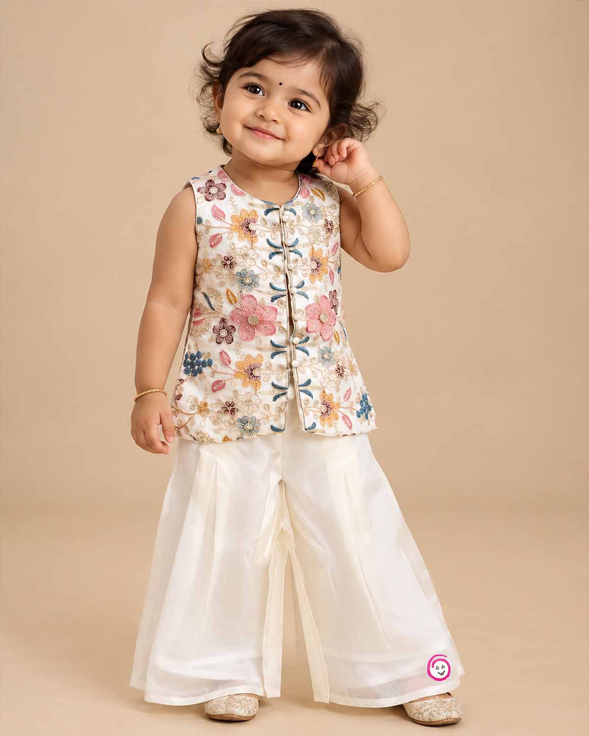 Girls floral embroidered sleeveless jacket top wide leg palazzo pants set with hair accessory