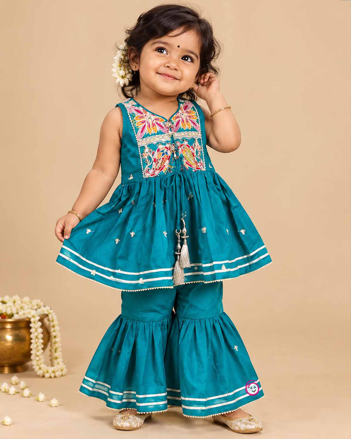Baby girl ethnic embroidered silk sharara top flared pants dupatta set for kids traditional festive wear