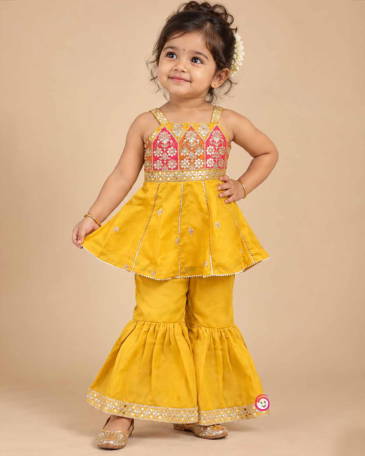 Toddler girls traditional embroidered silk short kurti flared sharara bottom set for festive wear