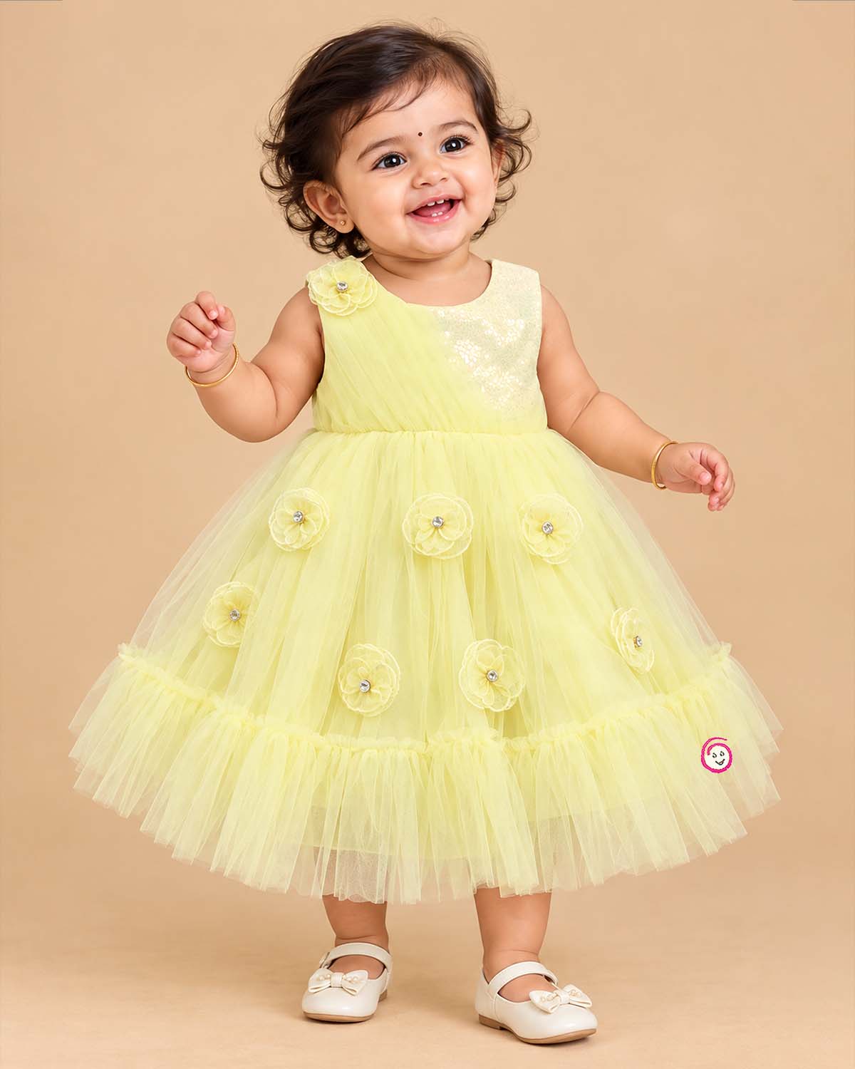 Toddler net party frock with floral appliques and flared sequin bodice for kids party wear