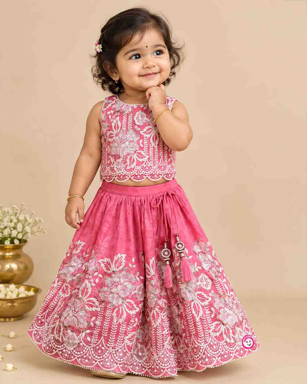 Baby girls sequin embroidered scalloped choli top with matching flared lehenga skirt and dupatta set