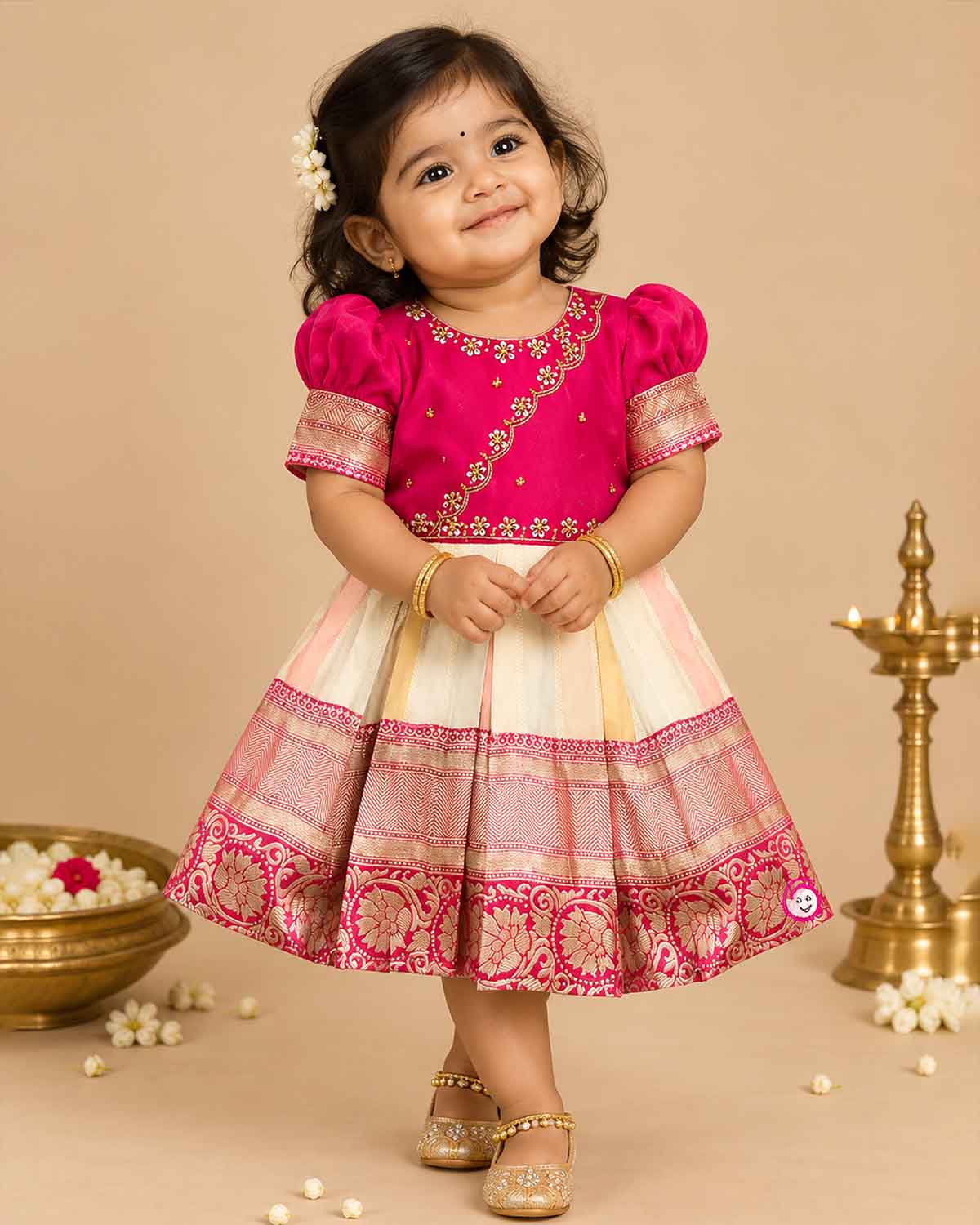 Toddler silk traditional frock with intricate embroidery and border for ethnic festivals