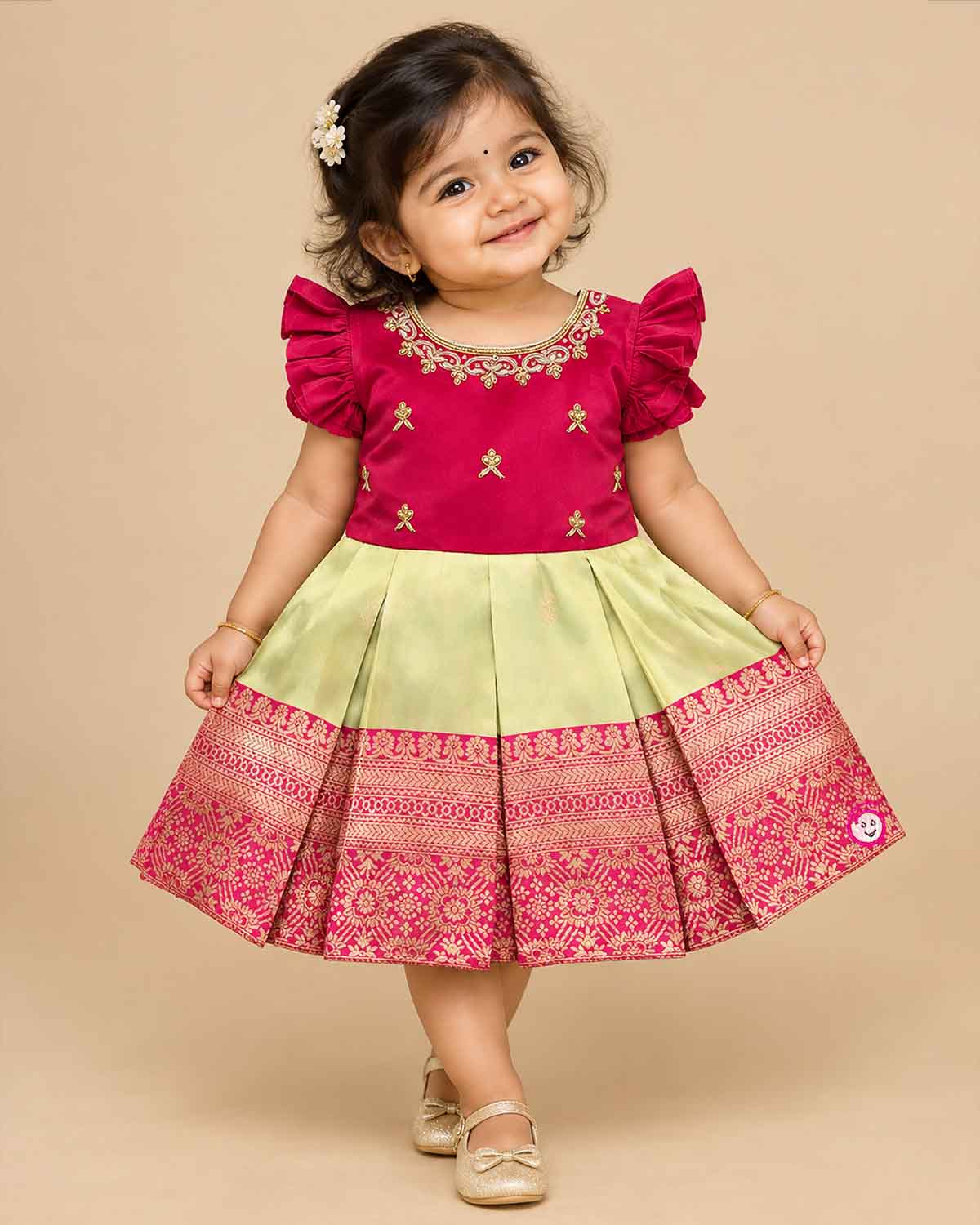 Little girl silk traditional frock with embroidered neckline ruffle sleeves and woven border for ethnic celebrations