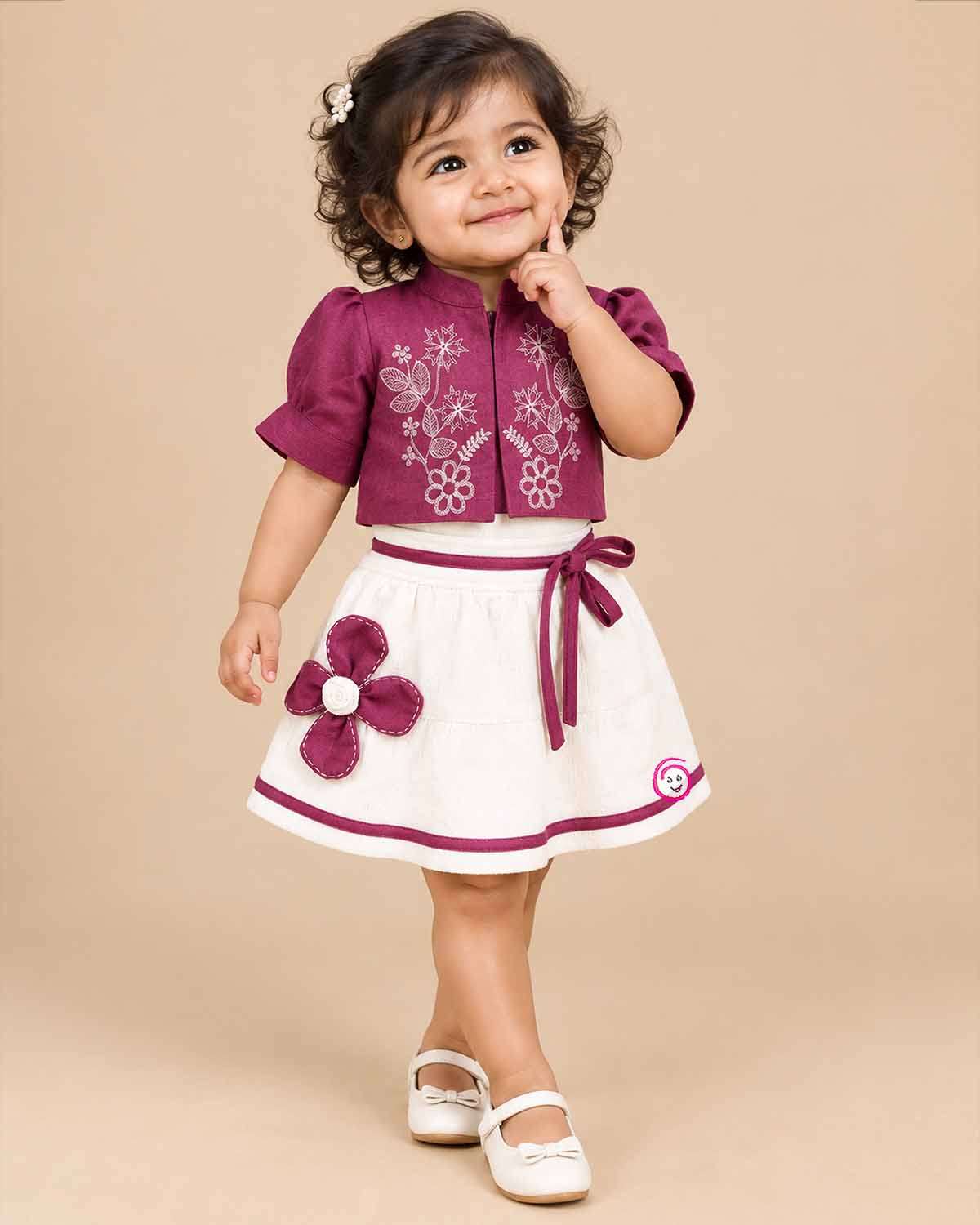 Toddler embroidered top skirt set with jacket for girls festive wear