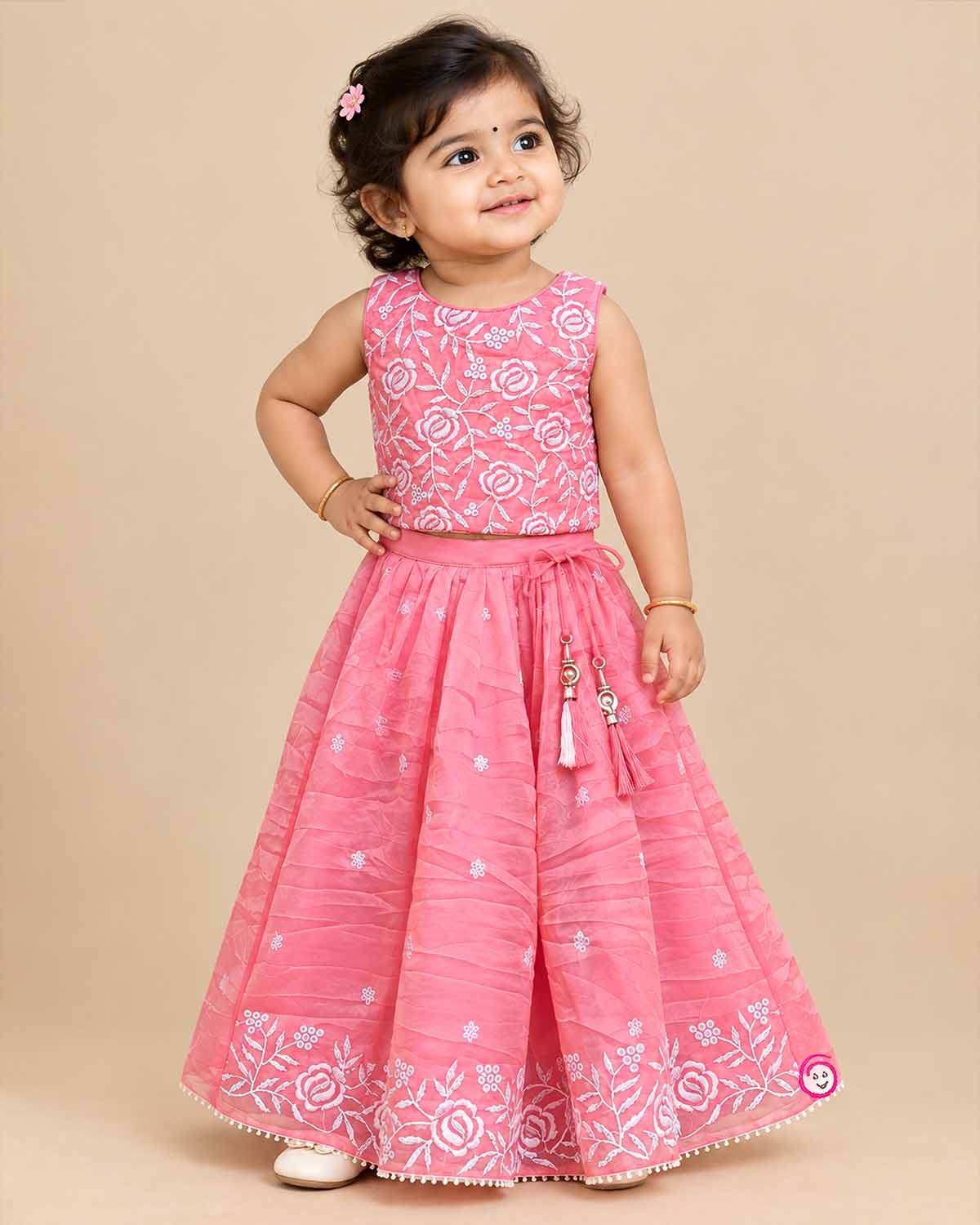 Girl baby thread embroidered floral sleeveless choli top with flared skirt and dupatta set