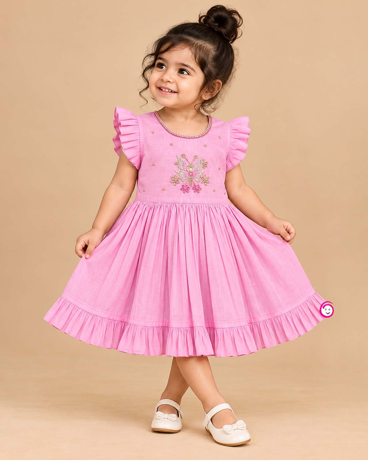 Toddler silk cotton frock with embroidery and ruffled trim for festive ethnic wear