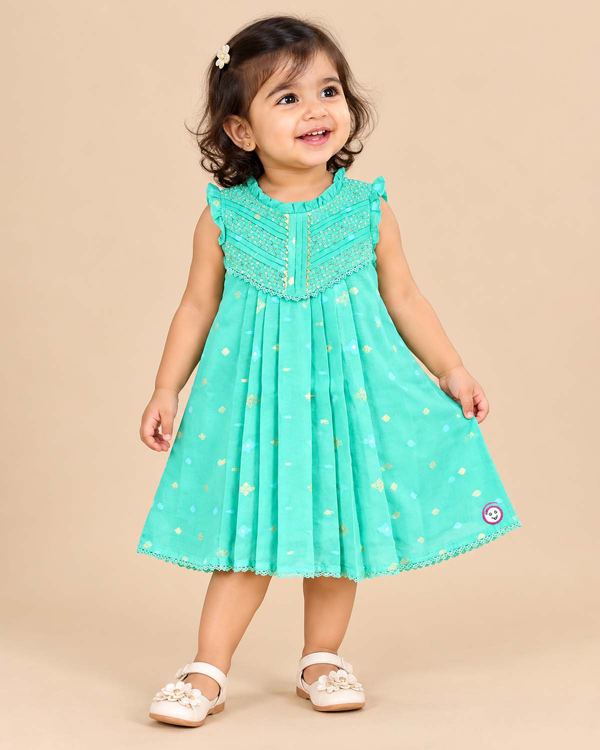 Toddler sequined chiffon frock with embroidered yoke and front pleats for festive celebration and party wear