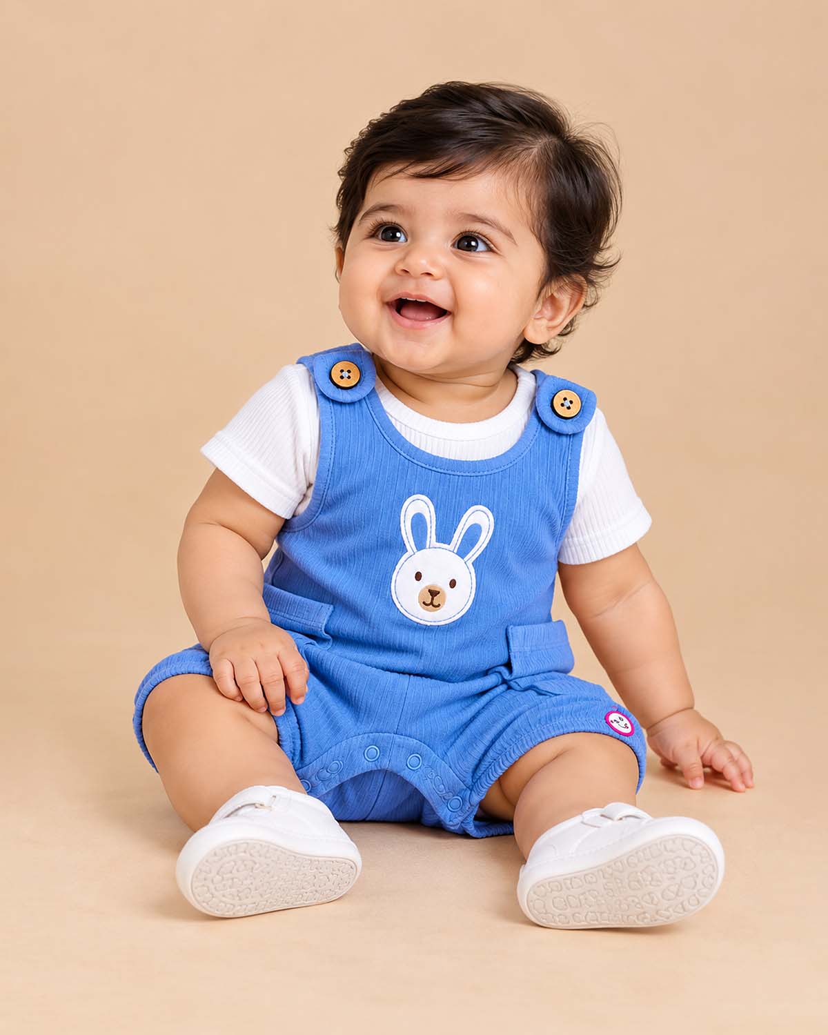 Infant cotton romper set featuring short sleeve t-shirt and cute bunny patch dungaree outfit for baby boys.
