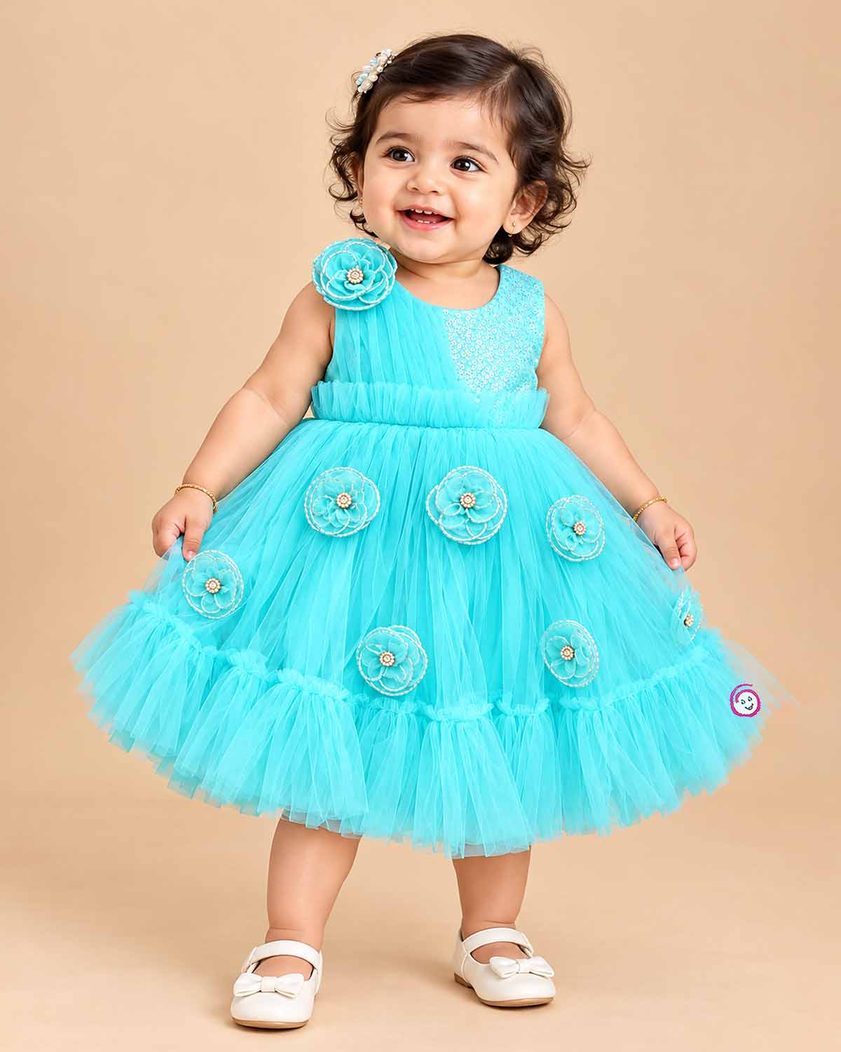 Infant net frock with sequined bodice and floral applique embellishments for kids party wear