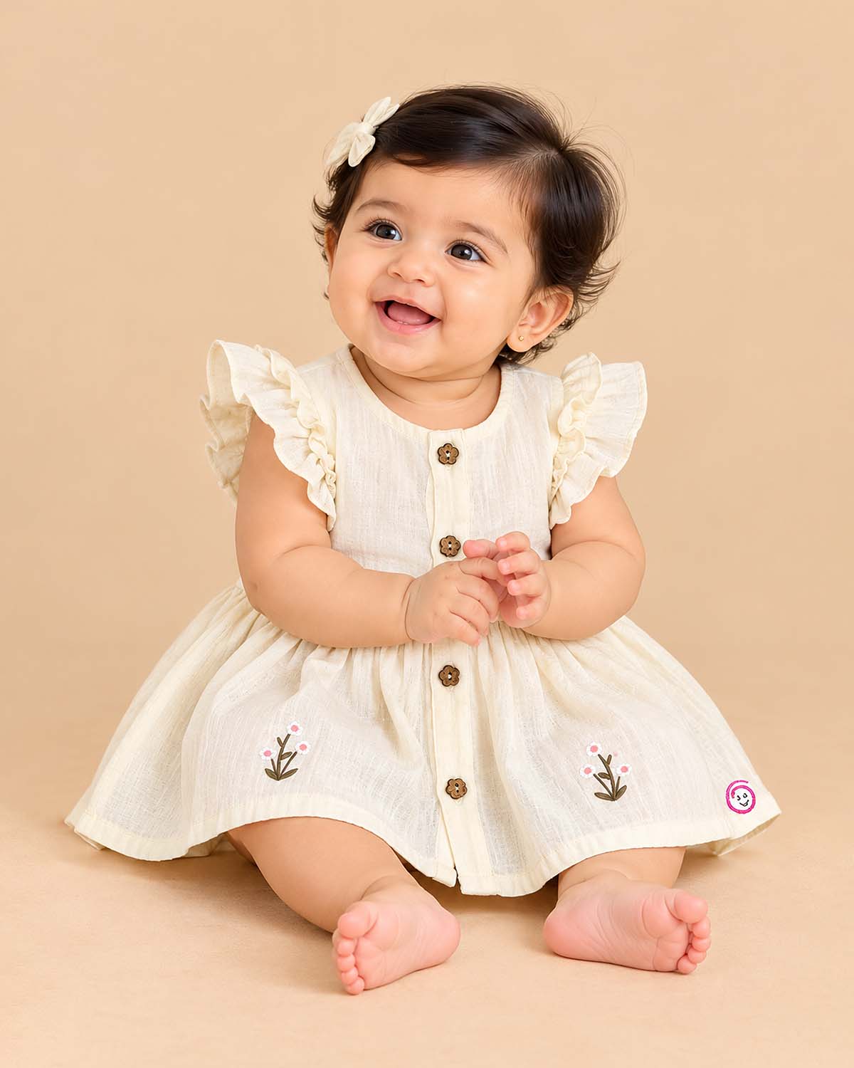 Off white infants frock with frill sleeve, front buttons, and small floral embroidery