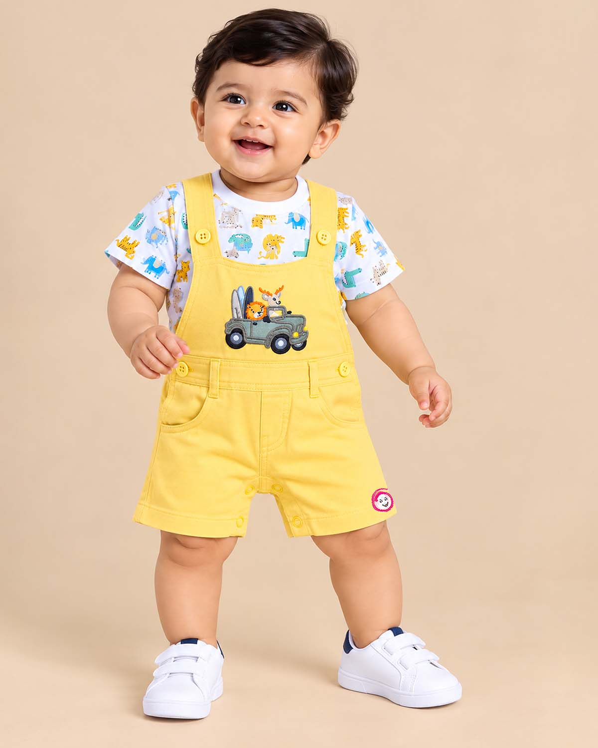 Baby clothes animal print t-shirt and yellow embroidered short dungaree set