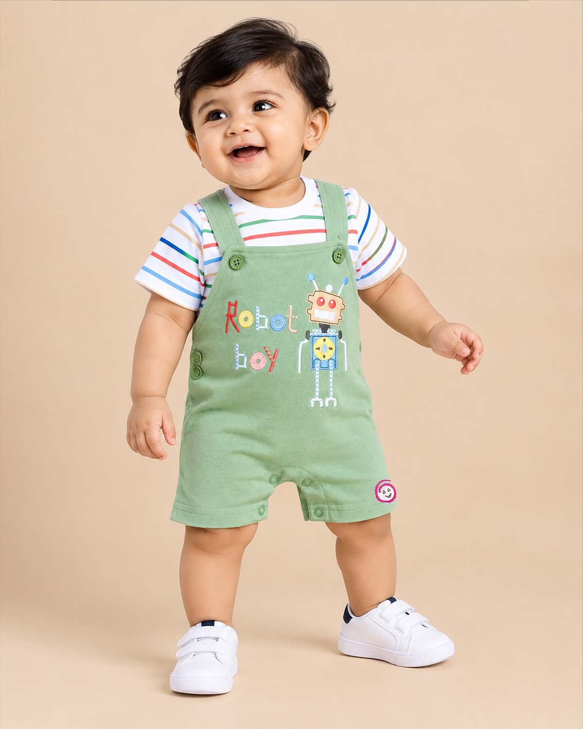 Baby boy striped t-shirt and green robot dungaree romper baby clothes set