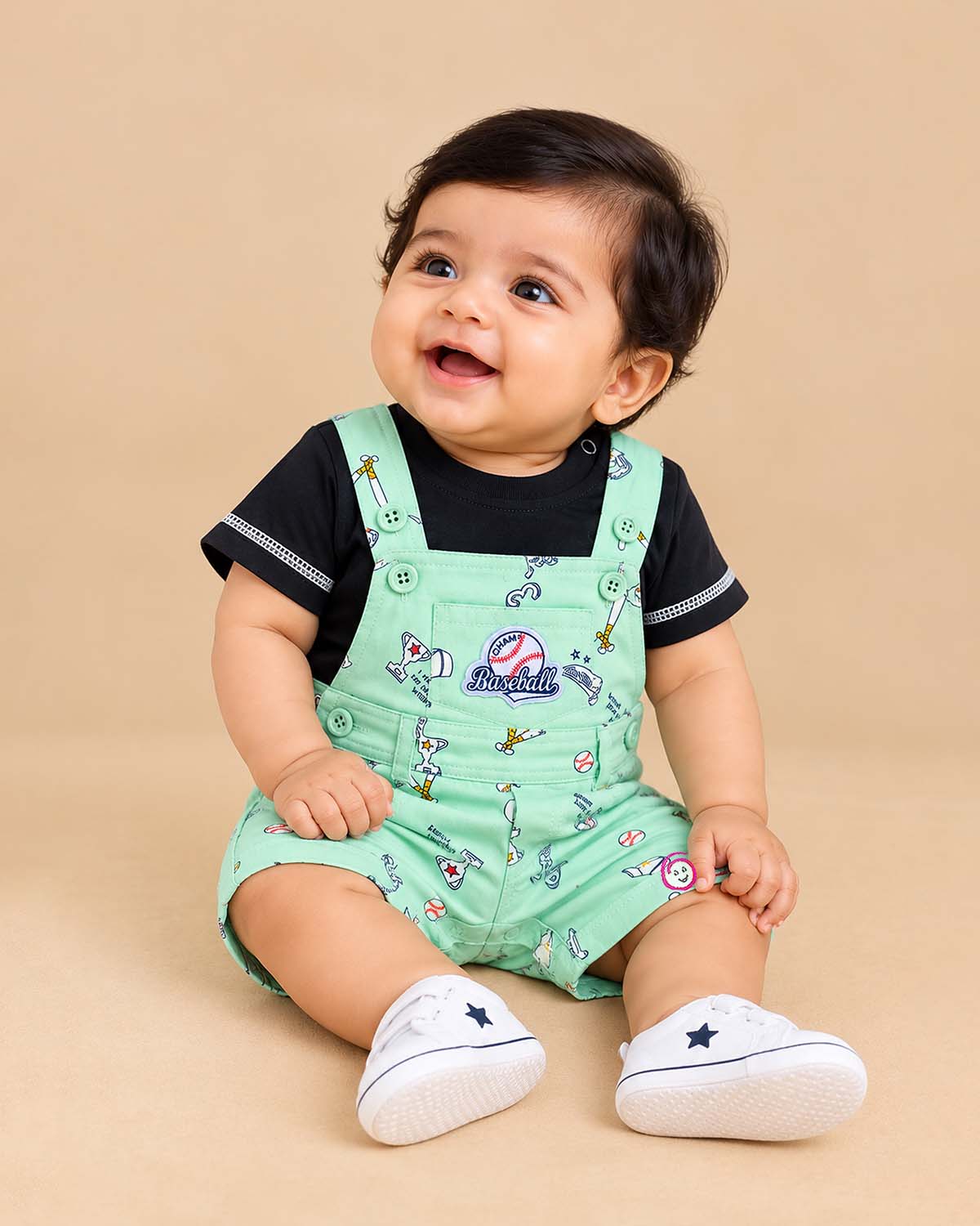 Mint printed boys dungaree set with black short sleeve t shirt