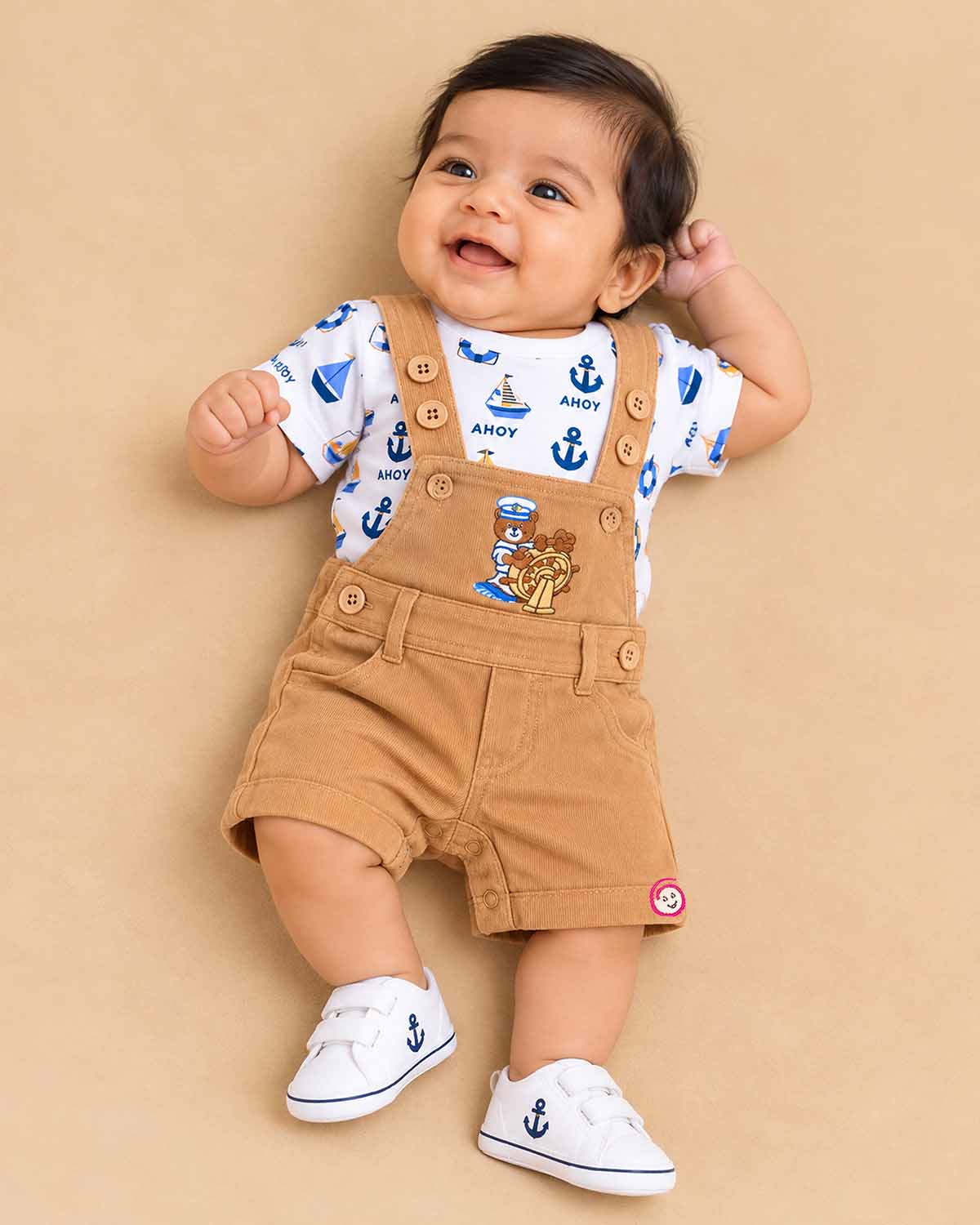 Boys dungaree set with nautical printed round neck t-shirt and light brown dungaree shorts