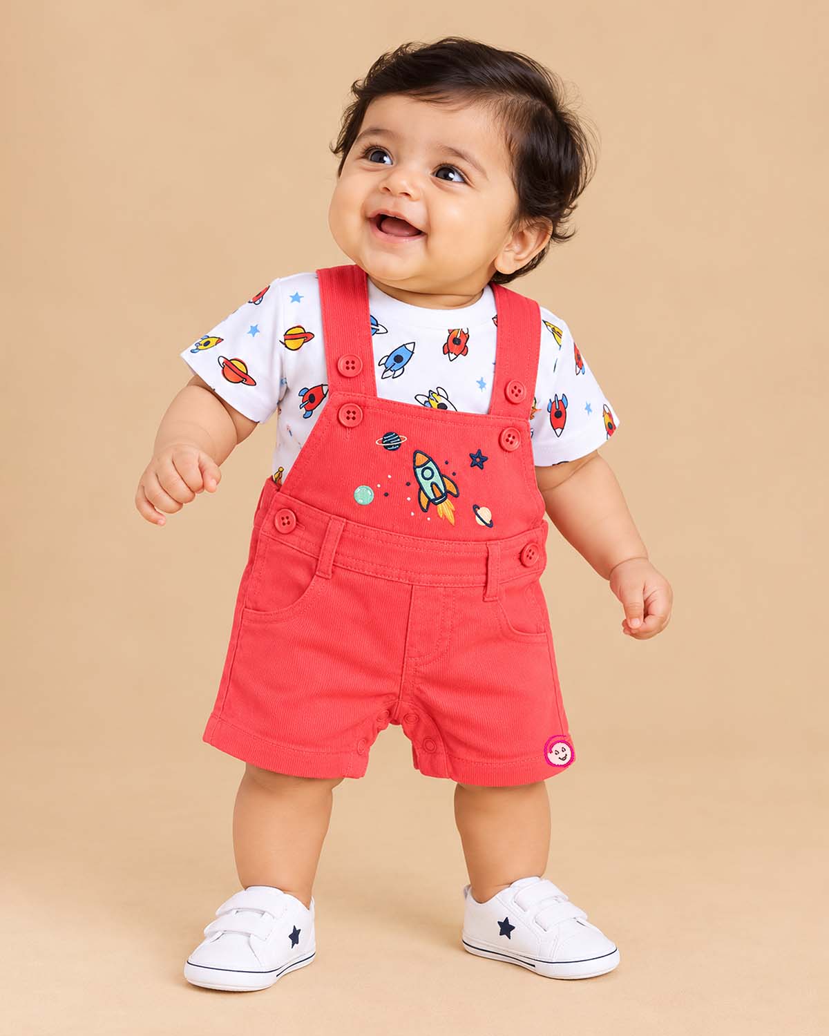 Boys dungaree set with space print t-shirt and red rocket dungaree shorts