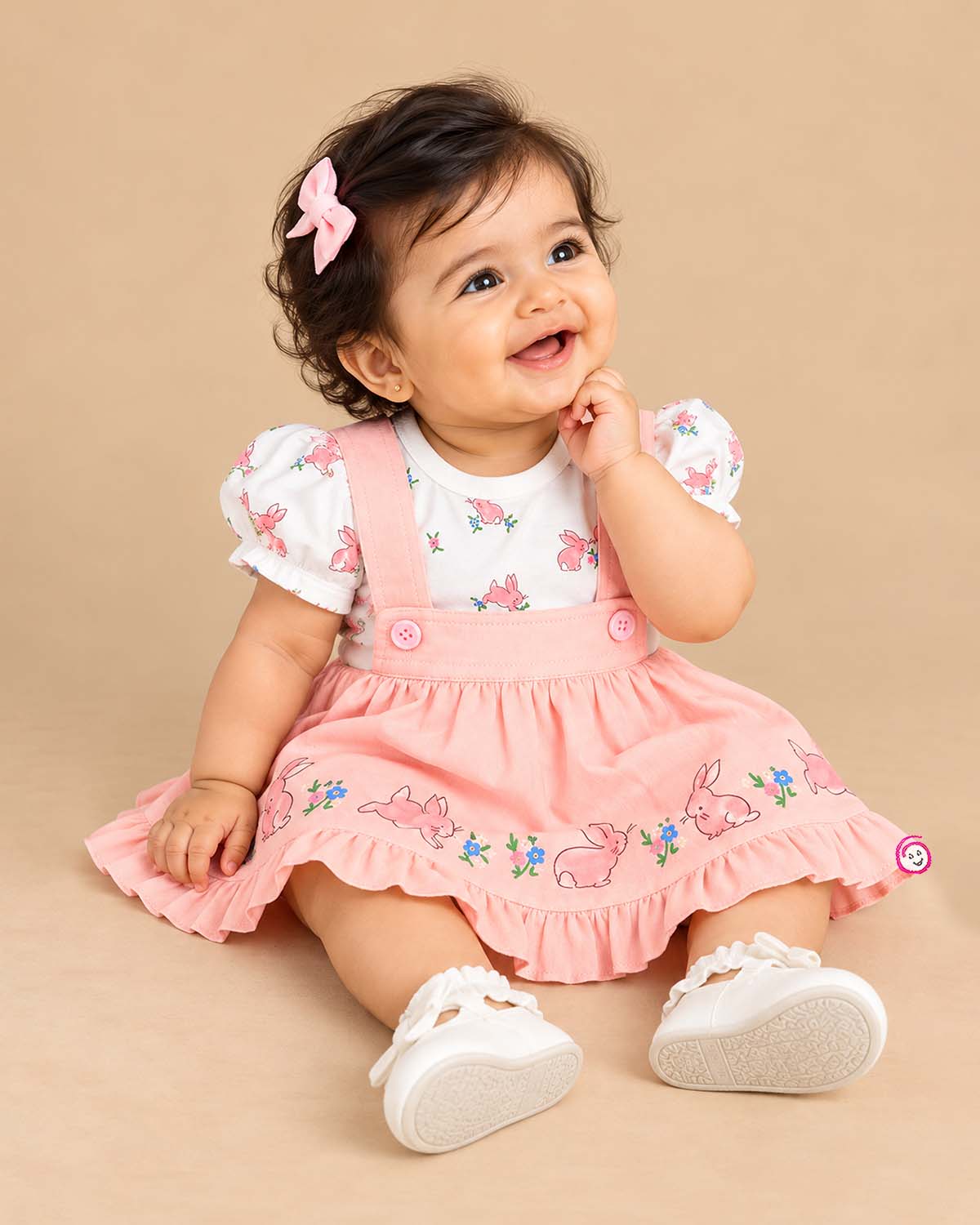 Little girl pinafore dress with puff sleeve bunny printed t-shirt set for casual outings