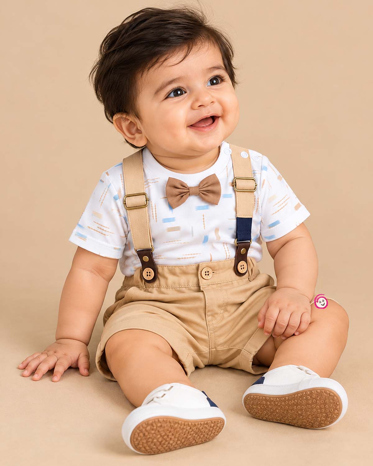 Little gentleman abstract printed suspender set with bow t-shirt for party wear
