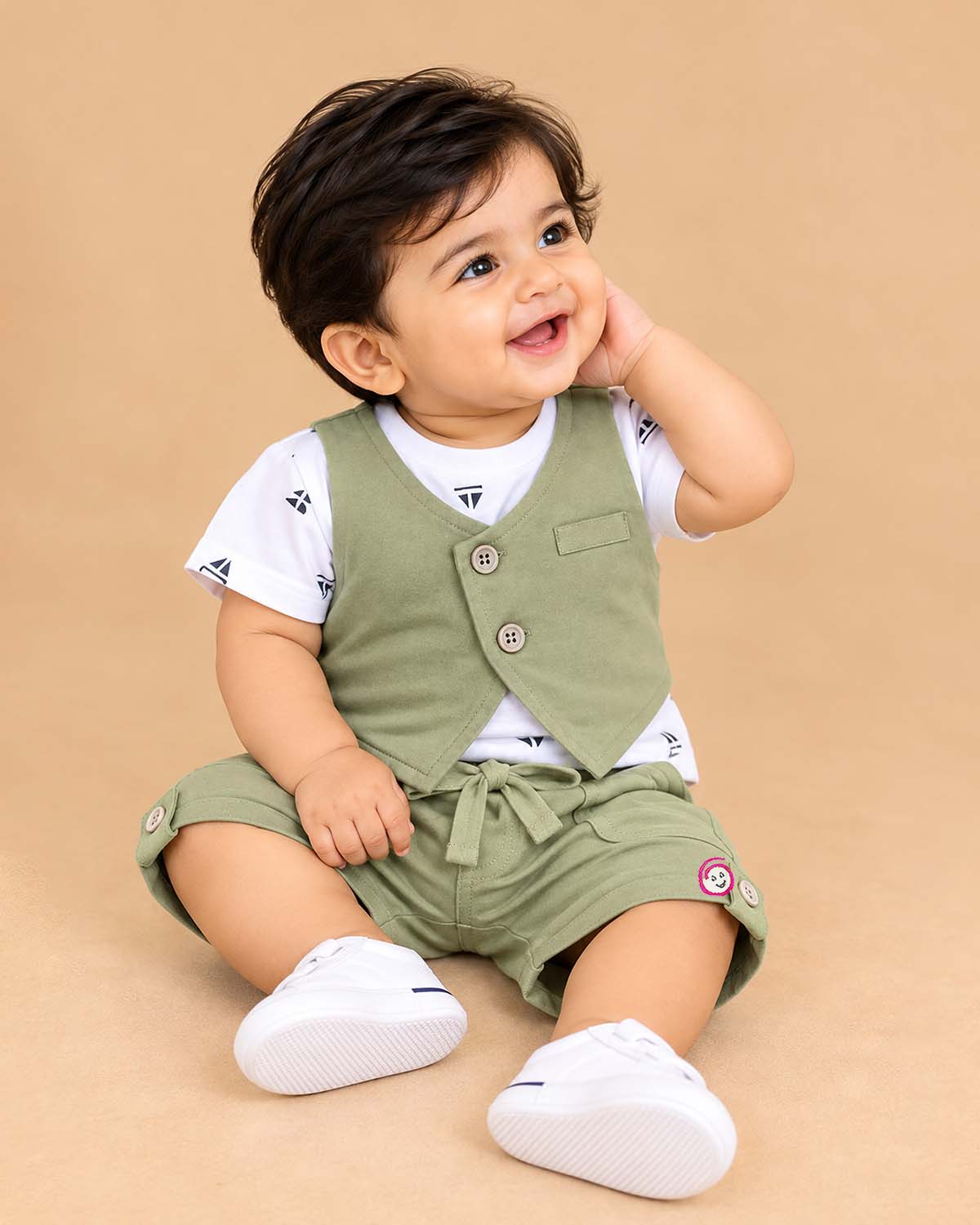 Infant cotton t-shirt with attached waistcoat and matching shorts set for boys casual wear