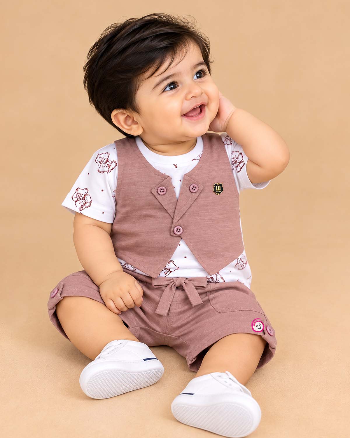 Stylish toddler boy casual clothes set with printed t-shirt attached waist jacket and matching shorts for baby clothes and kids clothing