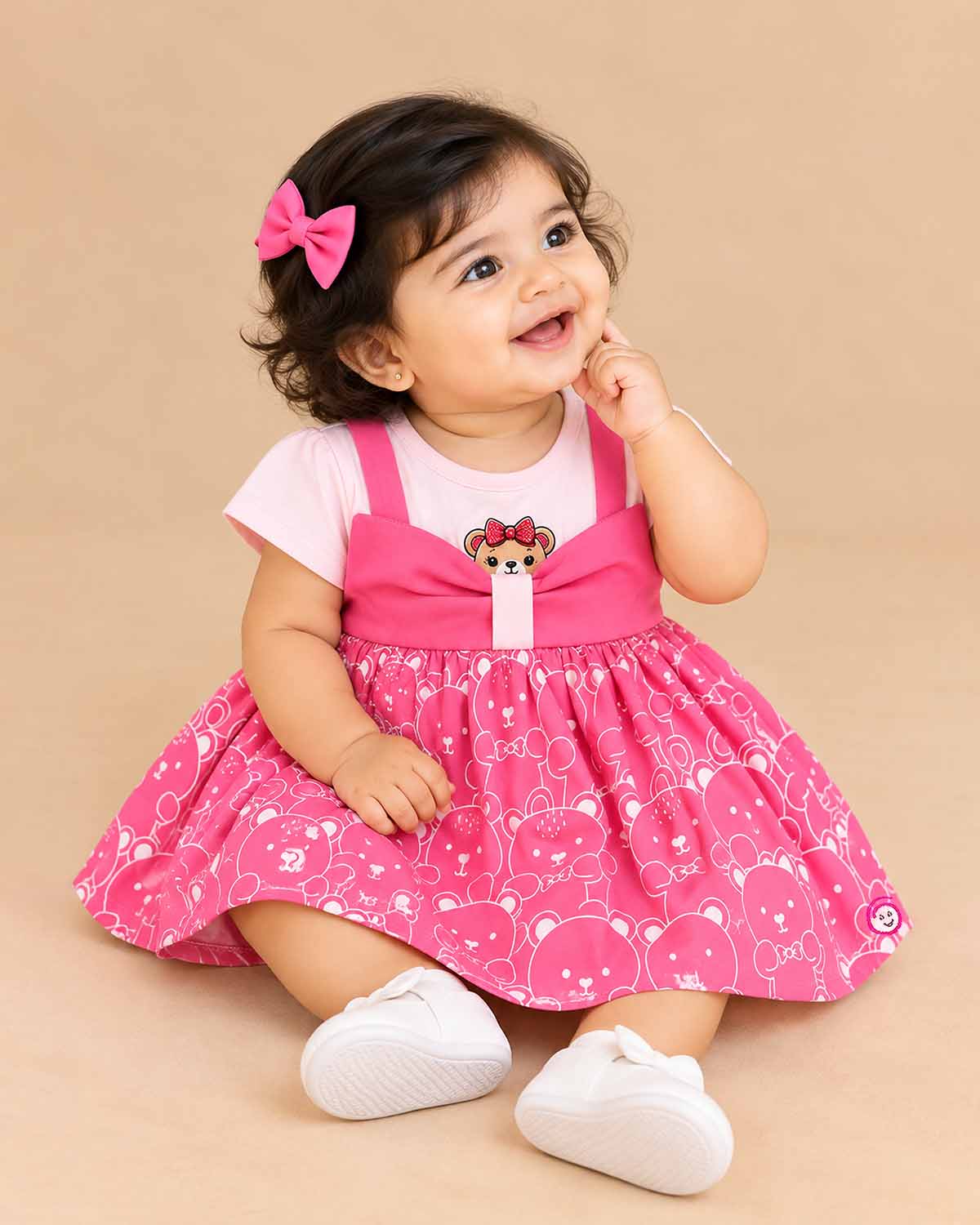 Pink baby girl cute teddy printed infants frock with bow detail