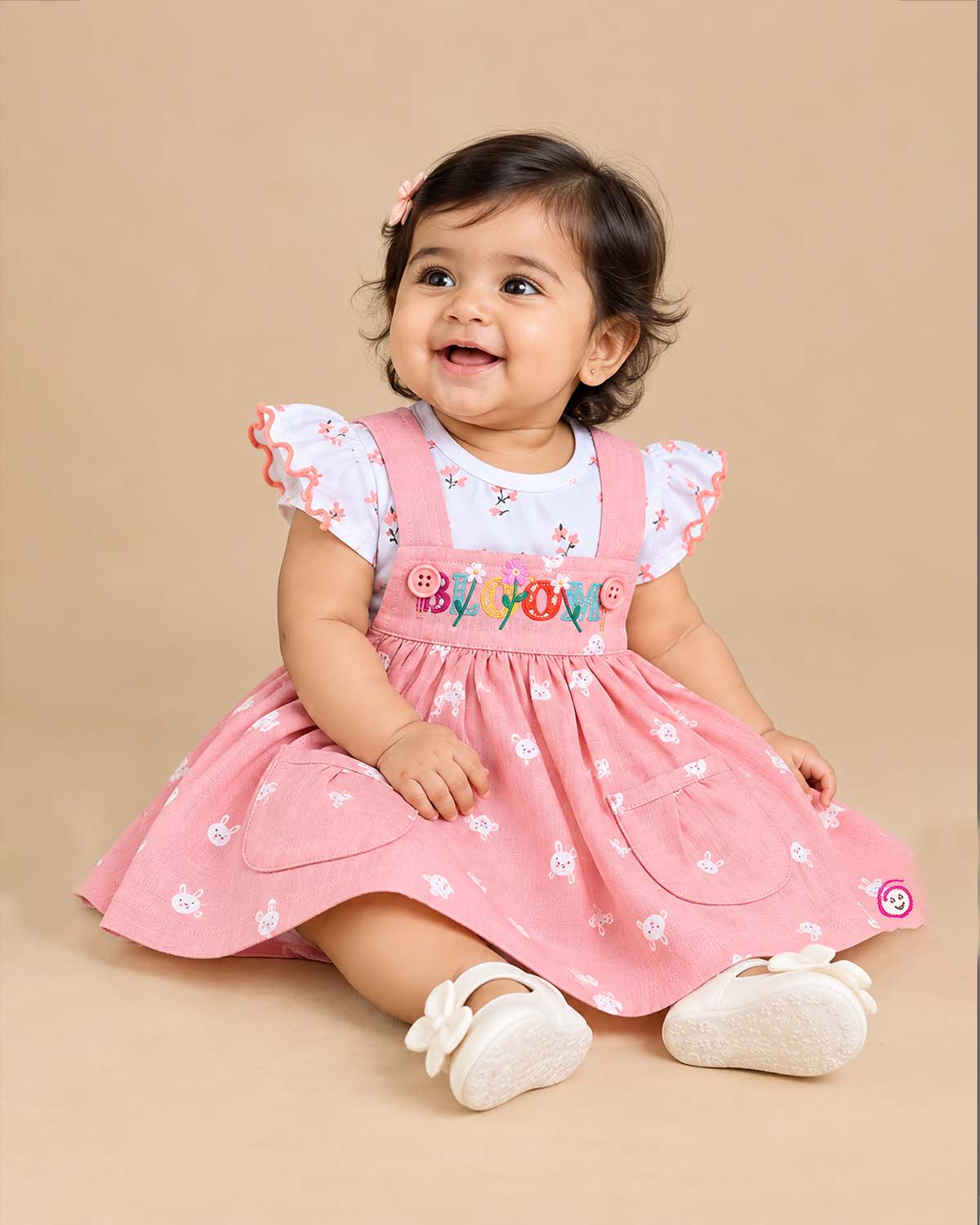Baby girl clothes printed pinafore dress with floral top set