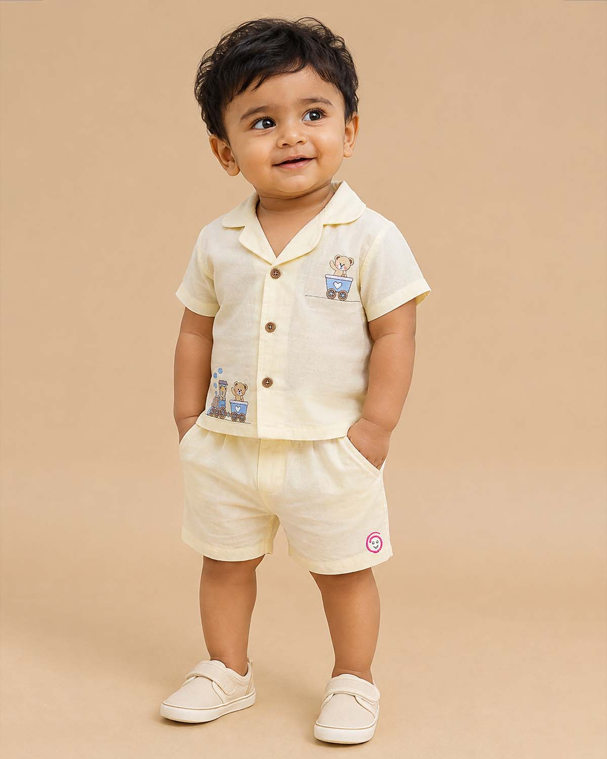 Little explorer button down short sleeve shirt and shorts set with cute train embroidery for toddlers