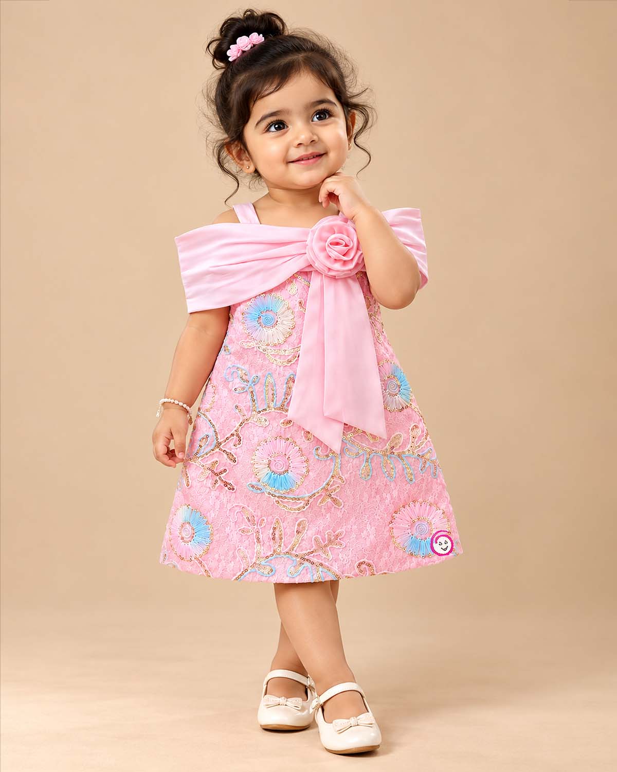 Embroidered baby party wear dress with off-shoulder rosette design and sequined floral lace.