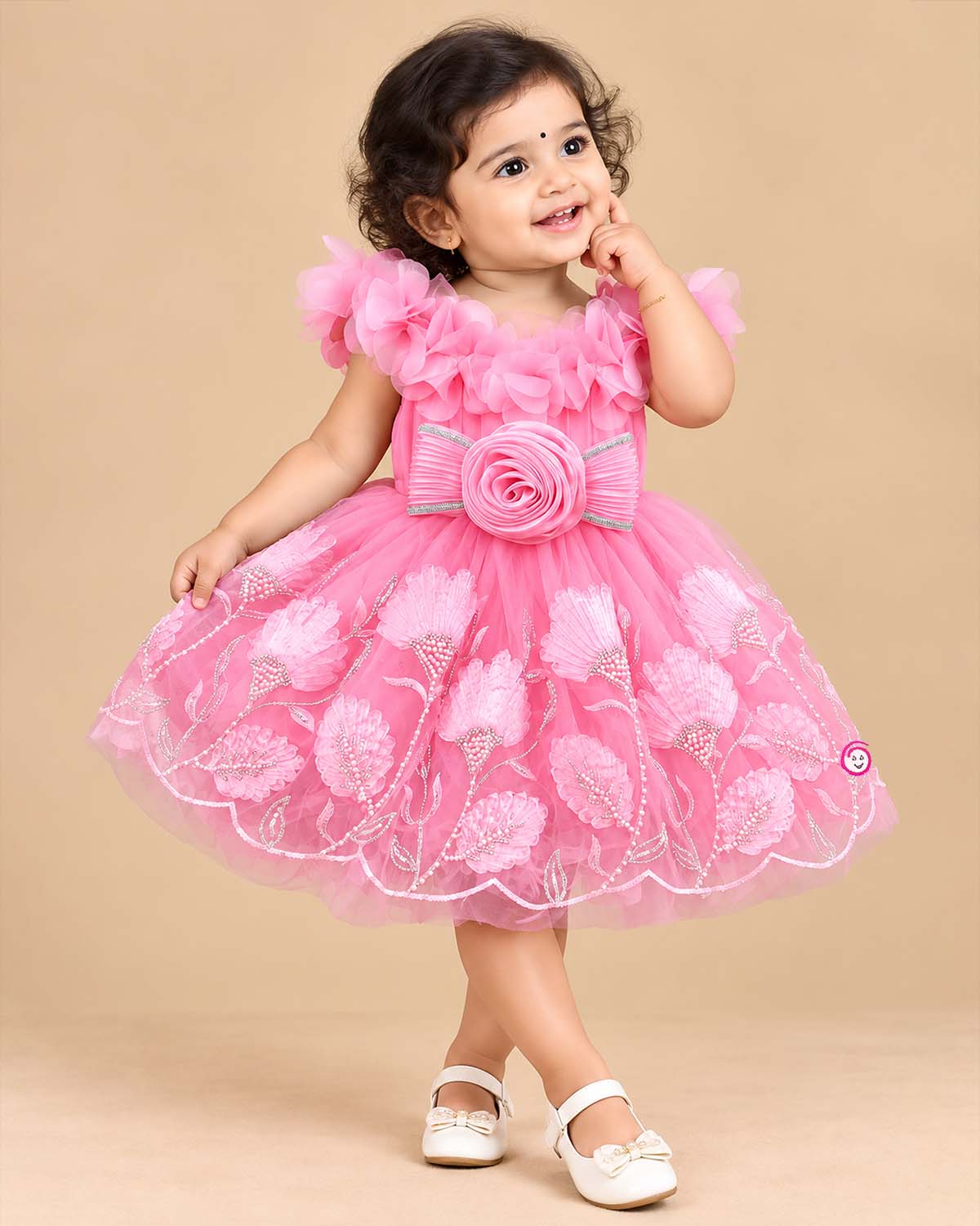 Little princess pink net party frock with 3D flowers and pearl embroidery