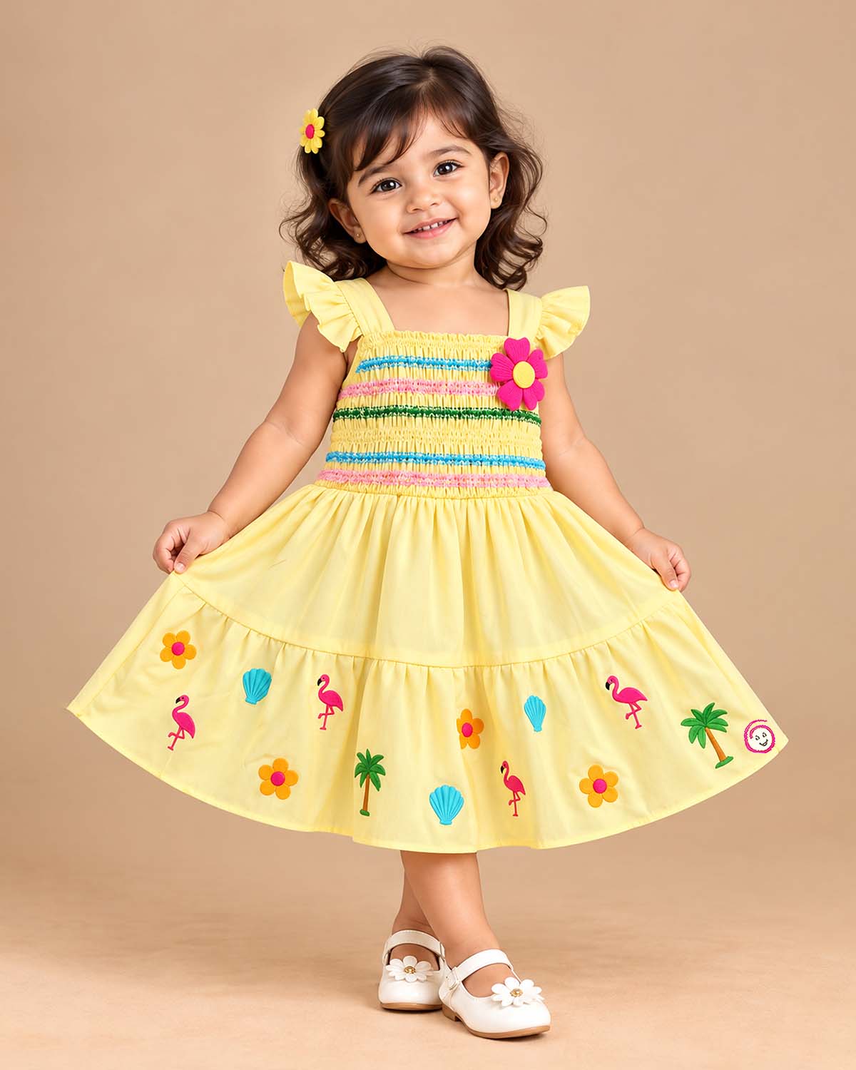 Girls smocked tropical frock with frill sleeves, flower applique, and embroidered flared hem.