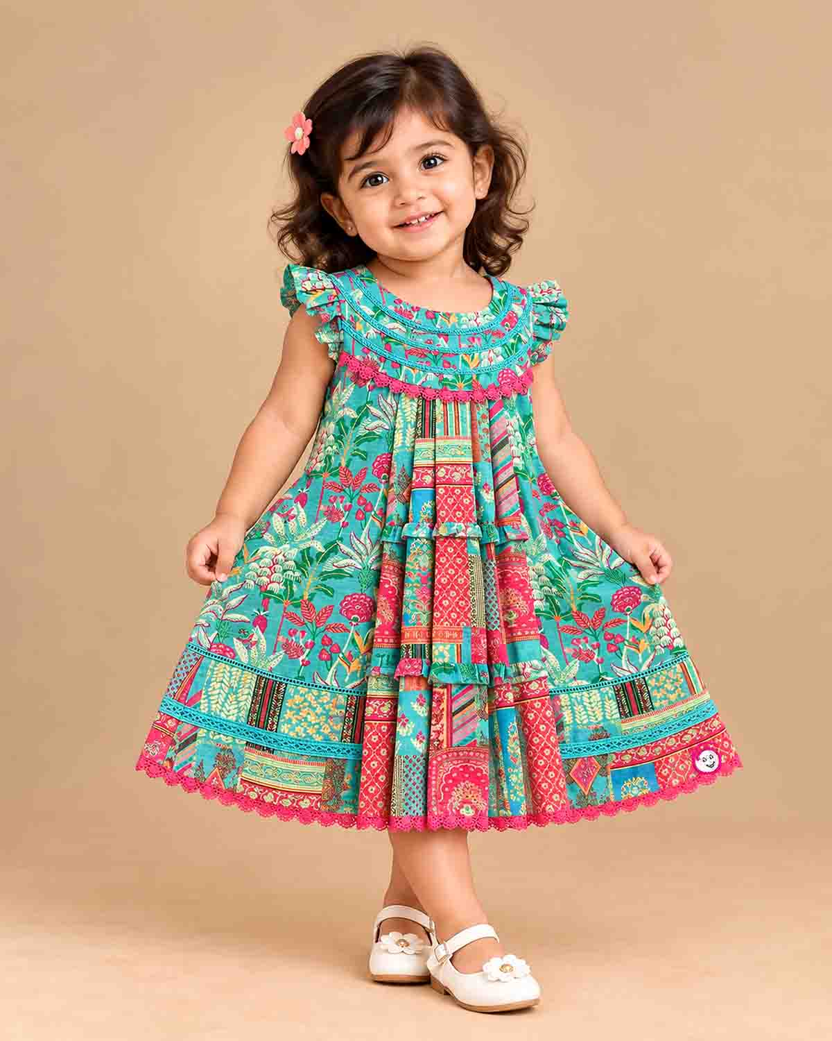Toddler printed cotton frock with frill sleeve and lace trimming for casual outing and birthday party