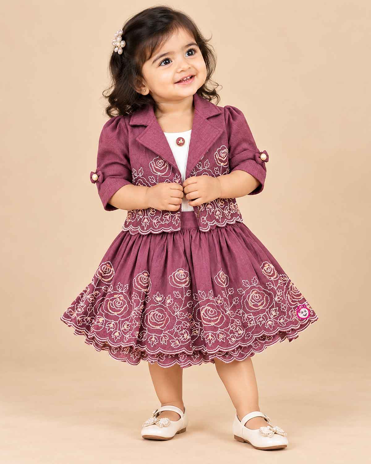 Mauve purple floral embroidered top and skirt set for girls with scalloped hem
