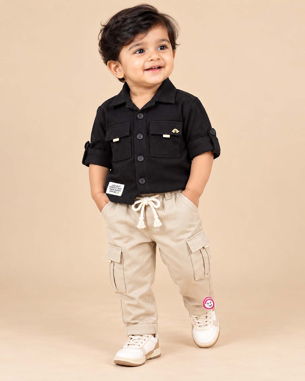 Toddler boy waffle textured shirt and cargo pant set with utility pockets for casual wear