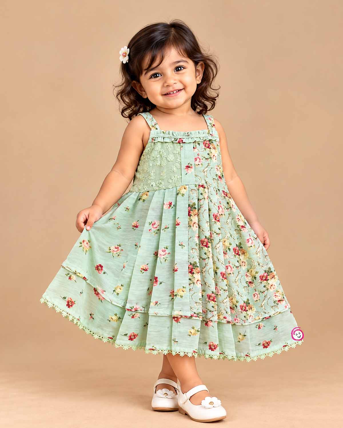 Infant floral cotton frock with pleated layered hem and ruffle trim for birthday party and summer outing