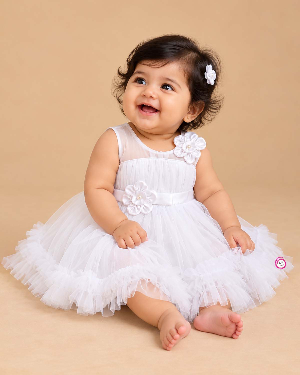 Girls tulle tiered fit and flare frock with floral applique waist belt and ruffle hem